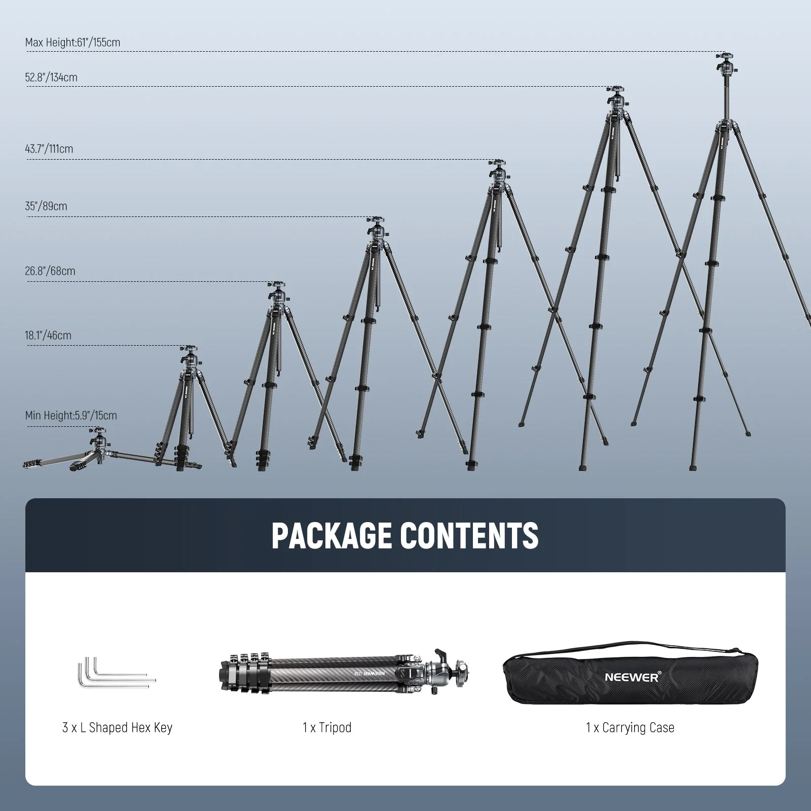 NEEWER LITETRIP LT38 61" Carbon Fiber Travel Tripod with Low Profile Head - Image 9