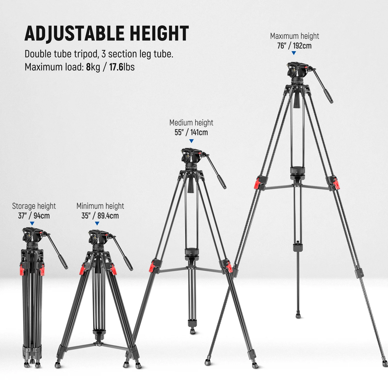 NEEWER LL27 76" Aluminum Video Camera Tripod with One Step Quick Lock - Image 2