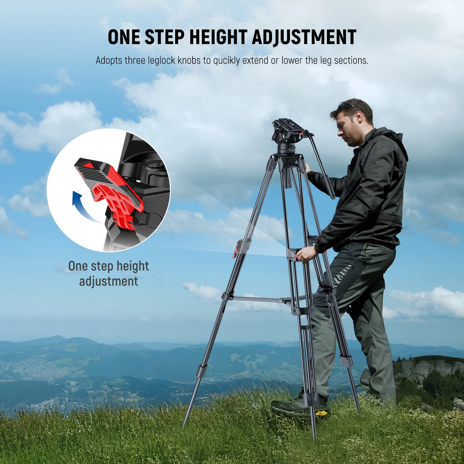 NEEWER LL27 76" Aluminum Video Camera Tripod with One Step Quick Lock - Image 3