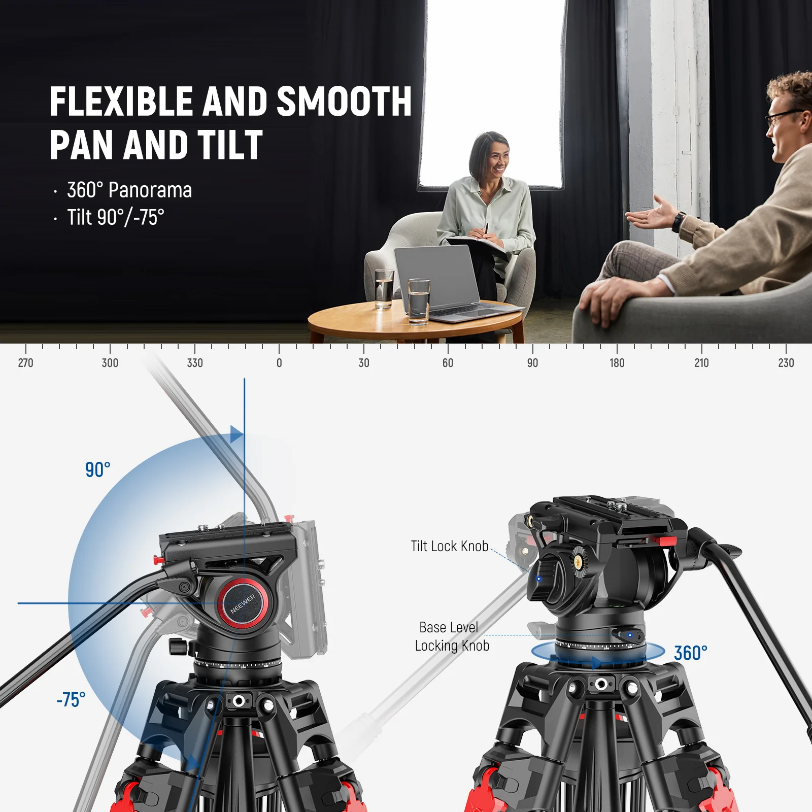 NEEWER LL27 76" Aluminum Video Camera Tripod with One Step Quick Lock - Image 4