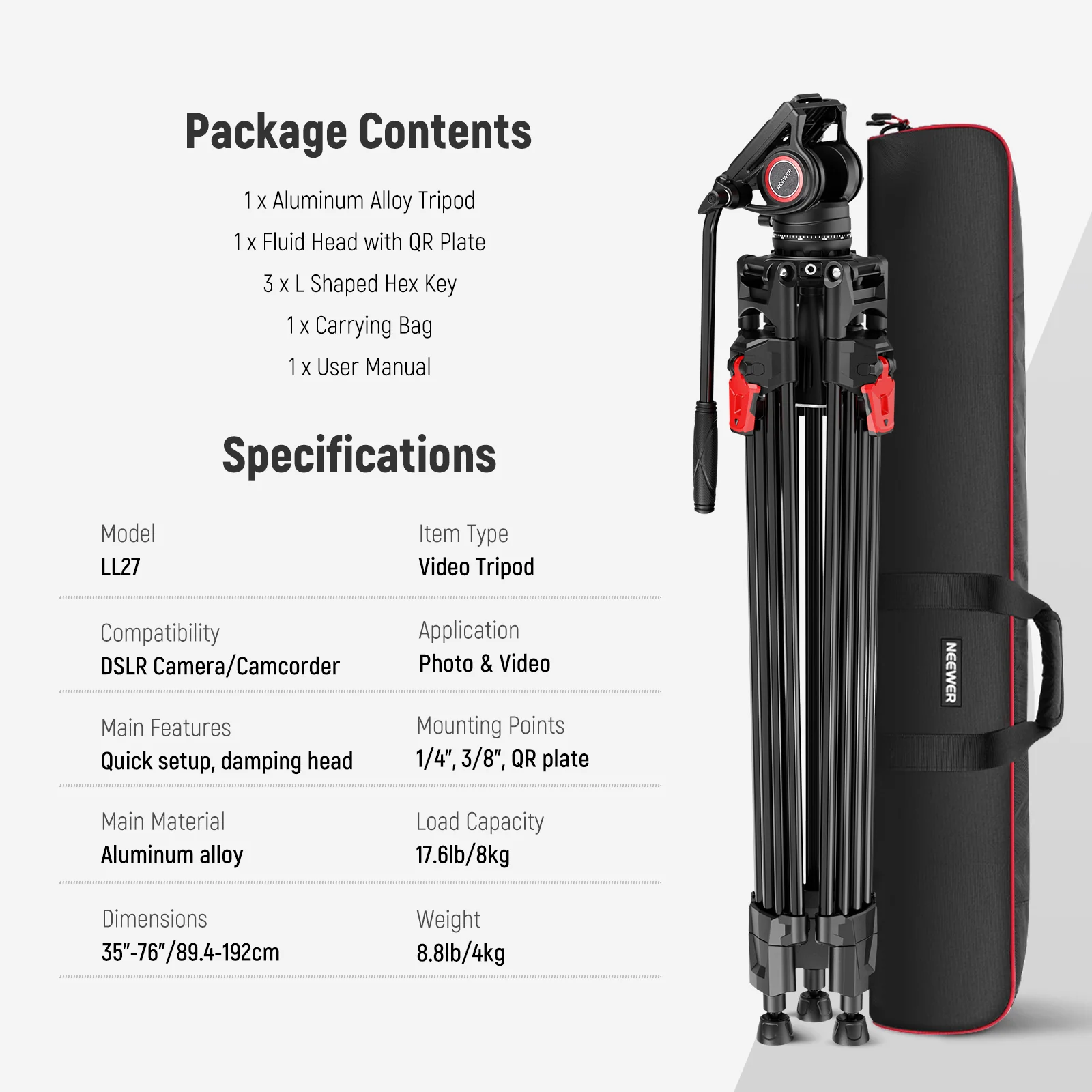NEEWER LL27 76" Aluminum Video Camera Tripod with One Step Quick Lock - Image 9