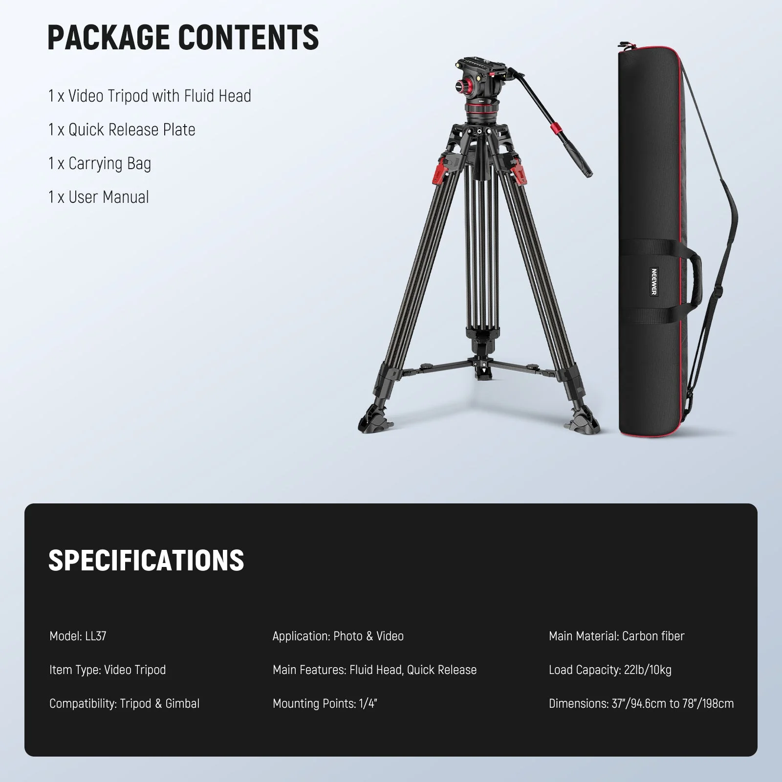 NEEWER LL37 78" Carbon Fiber Video Tripod with Adjustable Damping/Quick Lock - Image 9
