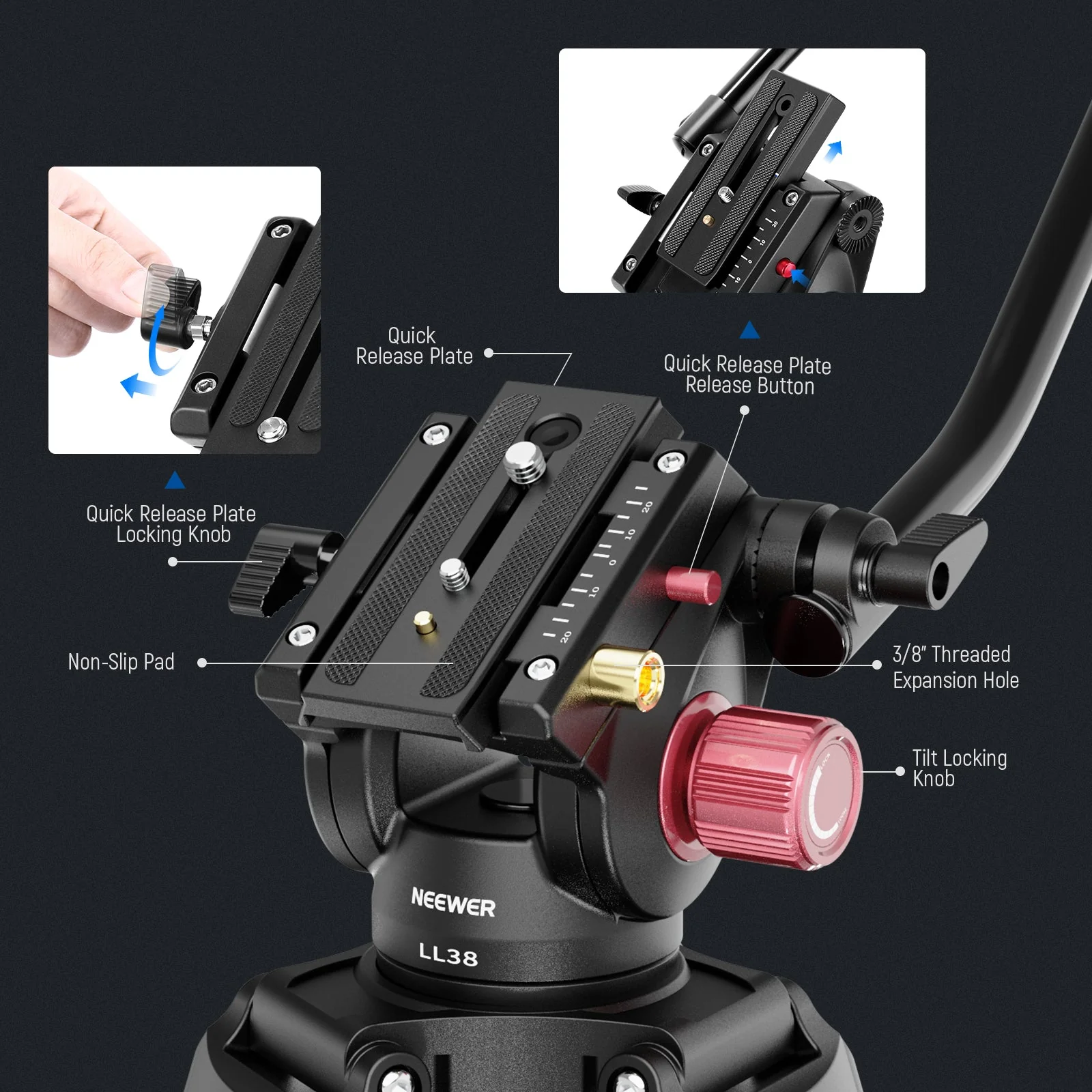 NEEWER LL38 79" Camera Tripod Quick Release with Fluid Head - Image 5