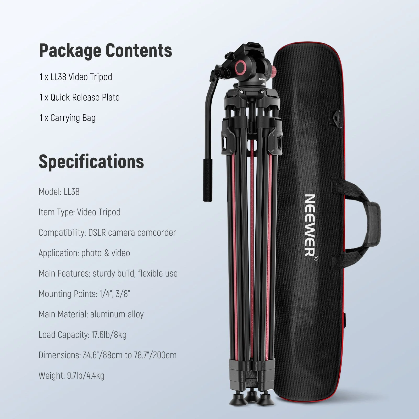 NEEWER LL38 79" Camera Tripod Quick Release with Fluid Head - Image 9