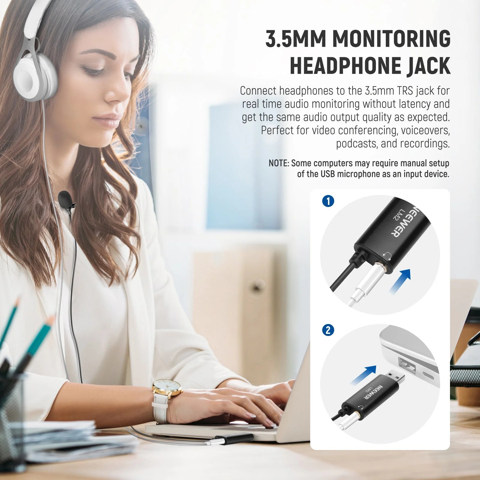NEEWER LM2 Plug & Play Omnidirectional USB Lapel Microphone with 3.5mm TRS Jack - Image 2