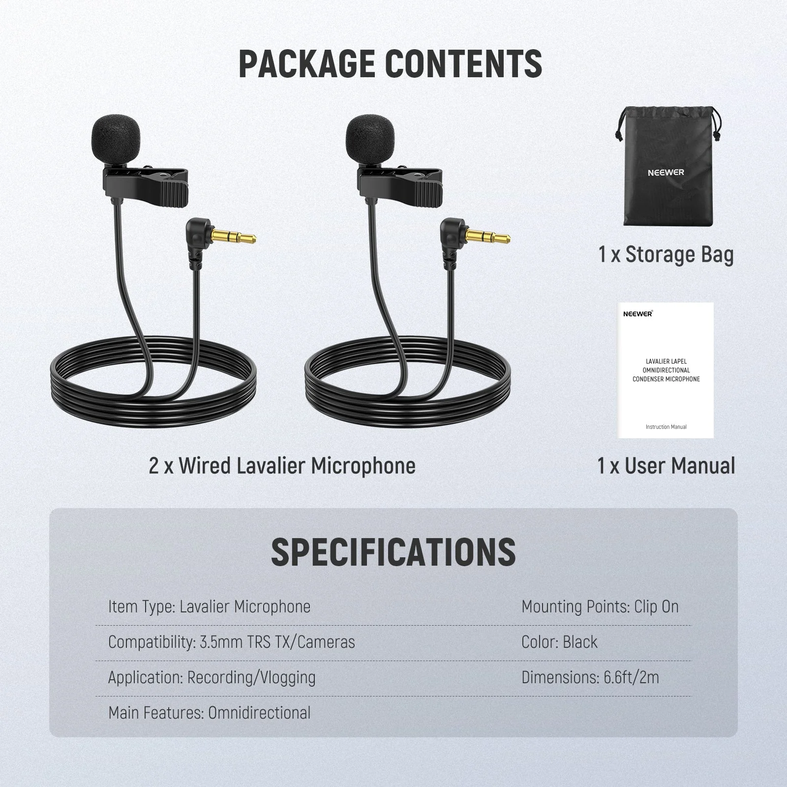 NEEWER LM5 2 Pack 6.6ft/2m 3.5mm TRS Mini Clip On Wired Lavalier Microphone - Image 9