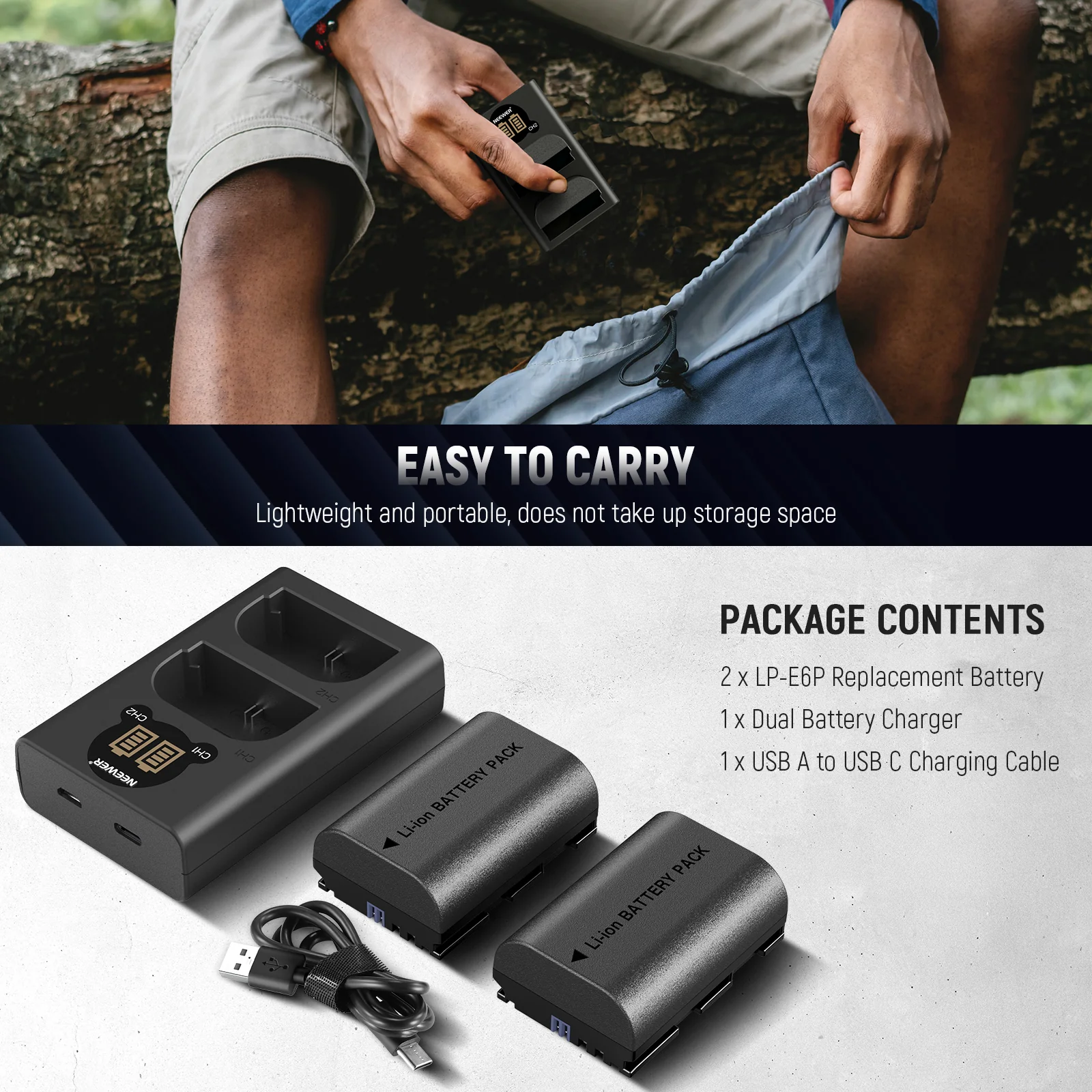 NEEWER 2 Pack 2200mAh LP-E6P Replacement Battery & Charging Set For Canon EOS - Image 9