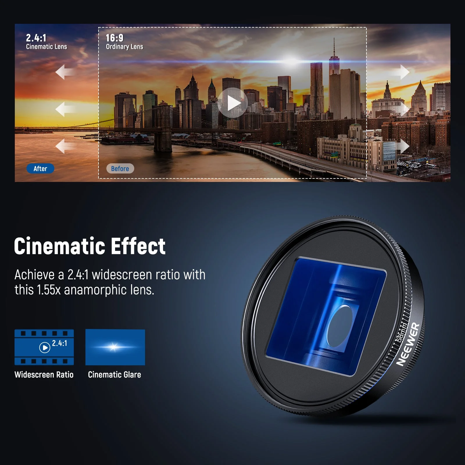 NEEWER LS-43 ULTRA 1.55x Blue Anamorphic Lens with 17mm Clip & 58mm Filter Ring - Image 2