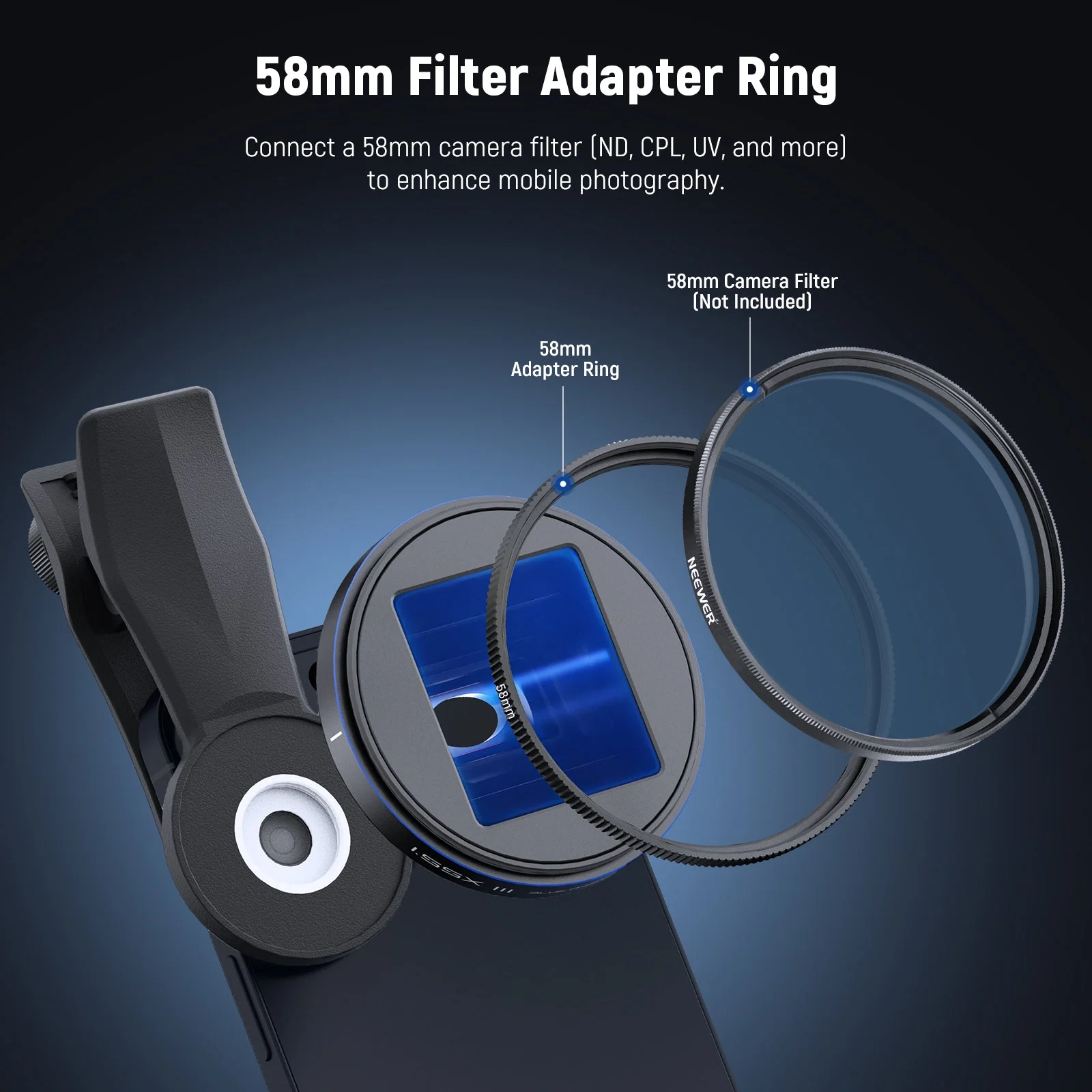 NEEWER LS-43 ULTRA 1.55x Blue Anamorphic Lens with 17mm Clip & 58mm Filter Ring - Image 5