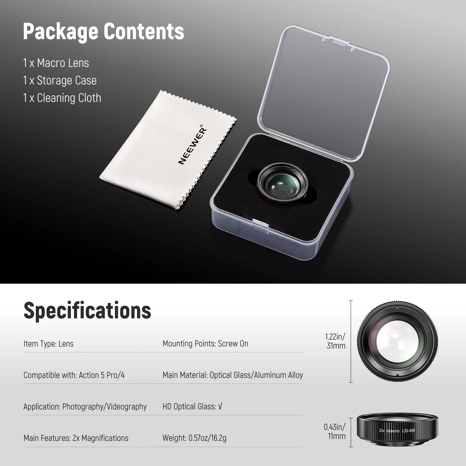 NEEWER LS-68 2X Macro Lens For DJI Osmo Nano/Action 5 Pro/4 - Image 8