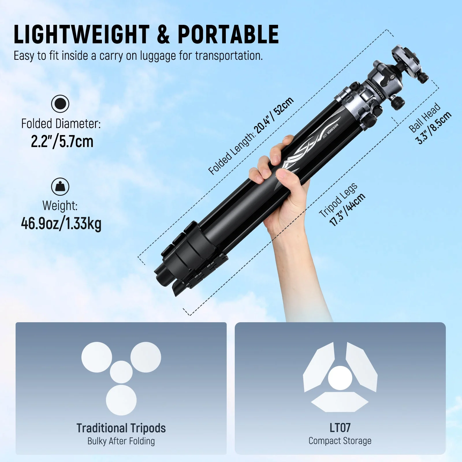 NEEWER LT07 61" Aluminum Travel Tripod - Image 2