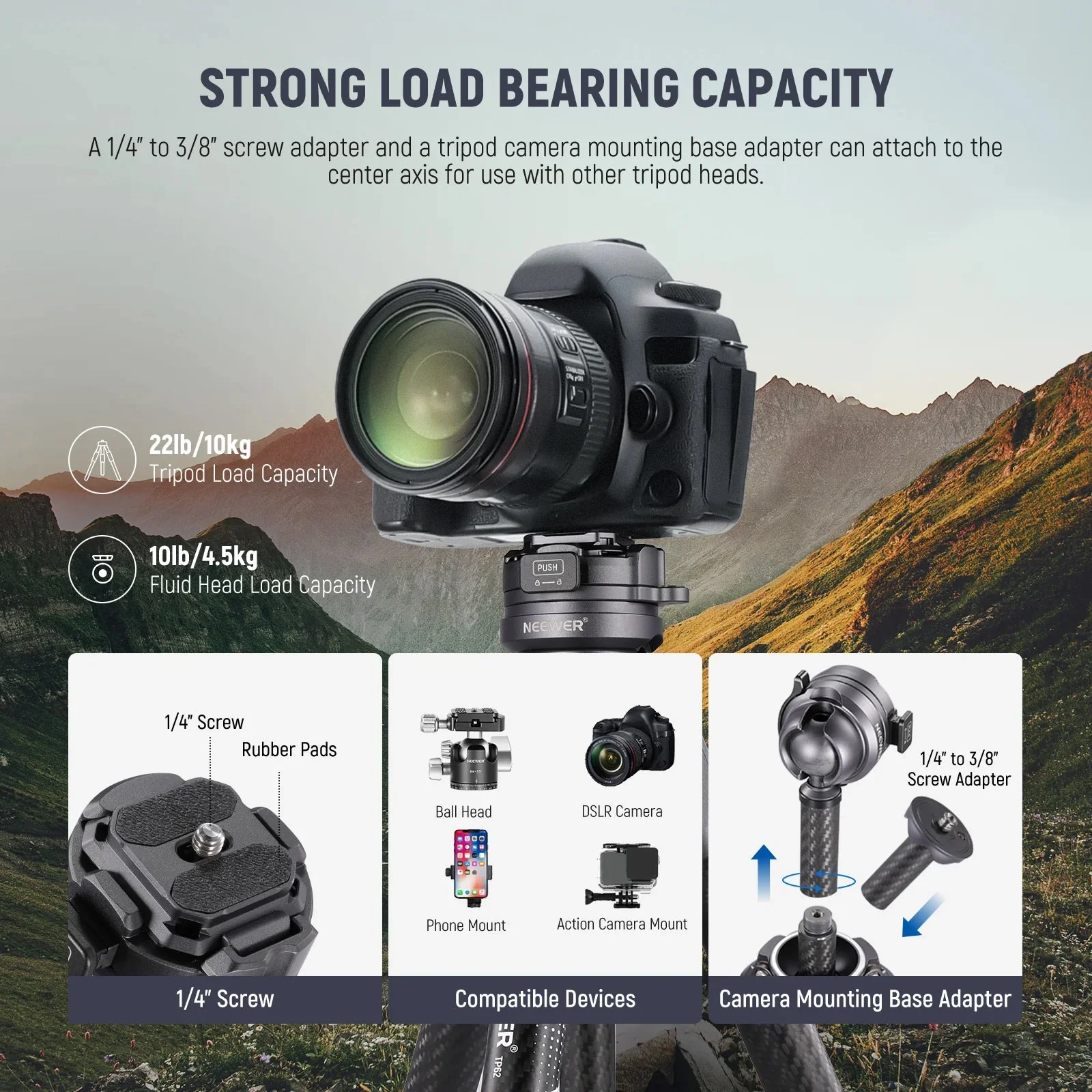 NEEWER LT32 62" Carbon Fiber Travel Tripod - Image 7