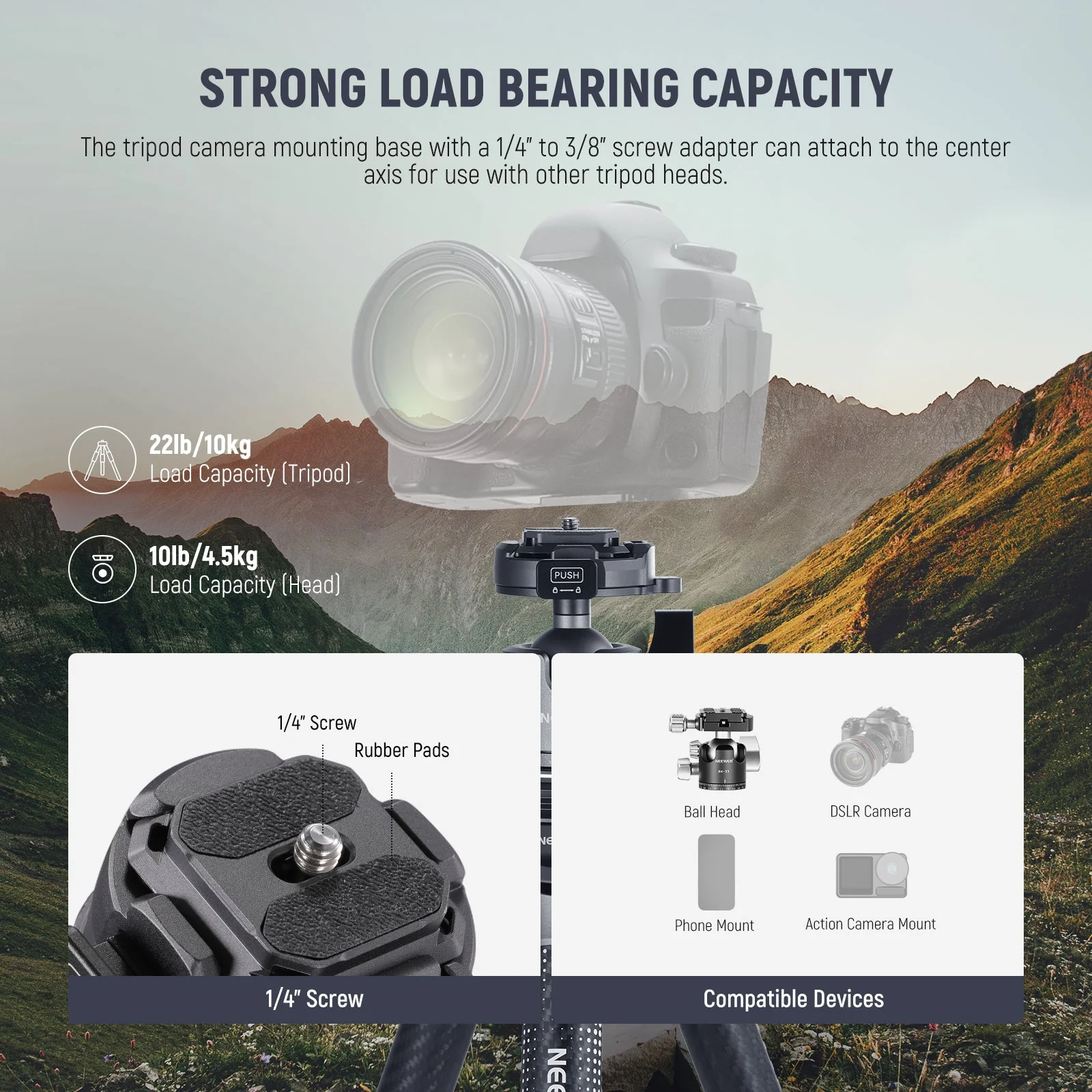 NEEWER LT34 62" Carbon Fiber Travel Tripod - Image 7