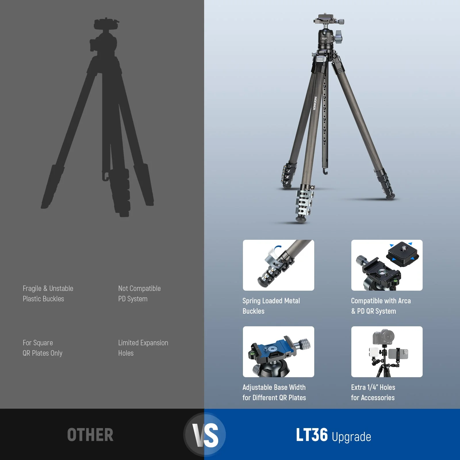 NEEWER LT36/LT37 60.4" Carbon Fiber Travel Tripod - Image 16