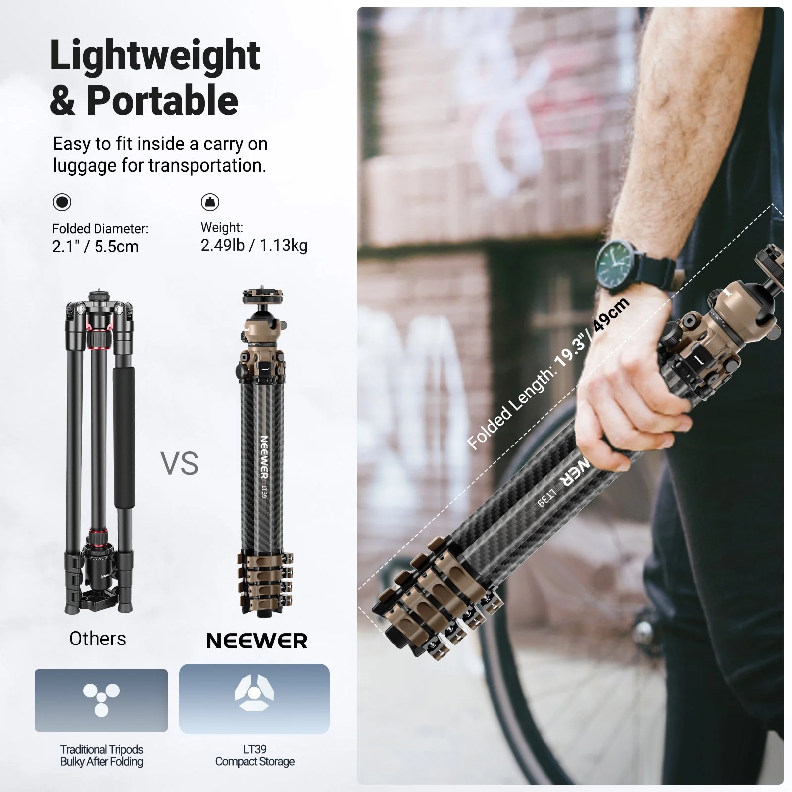 NEEWER LT39 62.4" Portable Carbon Fiber Travel Tripod - Image 2