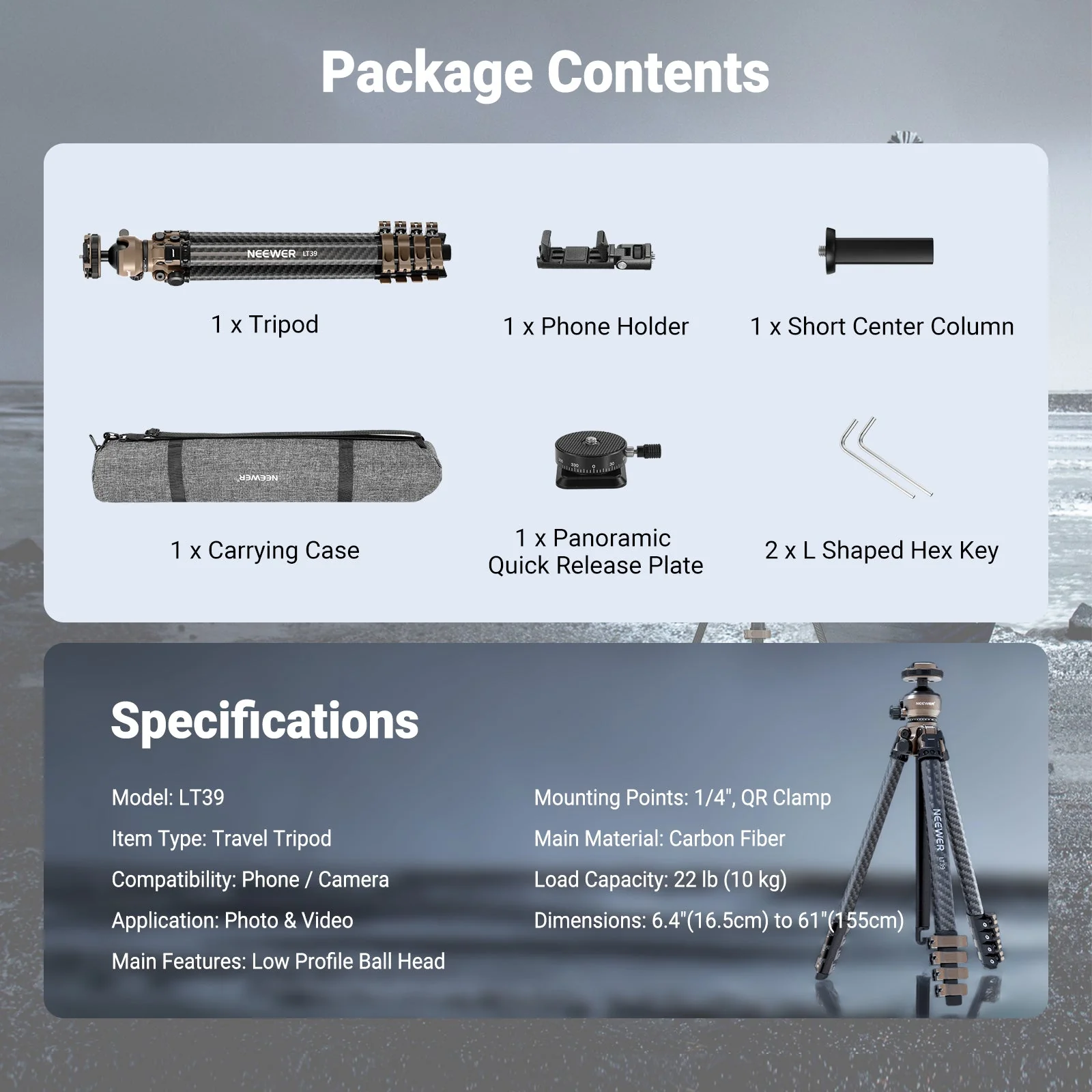 NEEWER LT39 62.4" Portable Carbon Fiber Travel Tripod - Image 8