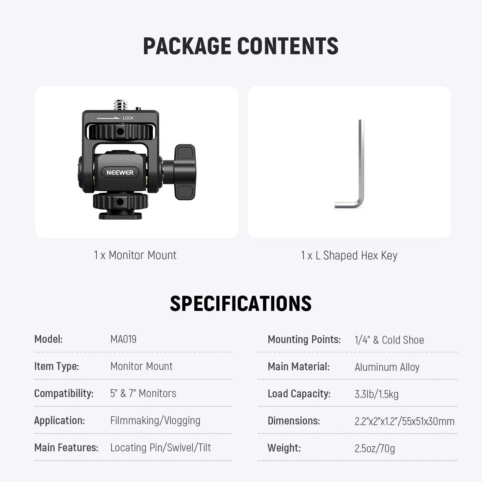 NEEWER MA019 Camera Monitor Mount with Cold Shoe 360° Swivel 180° Tilt - Image 9
