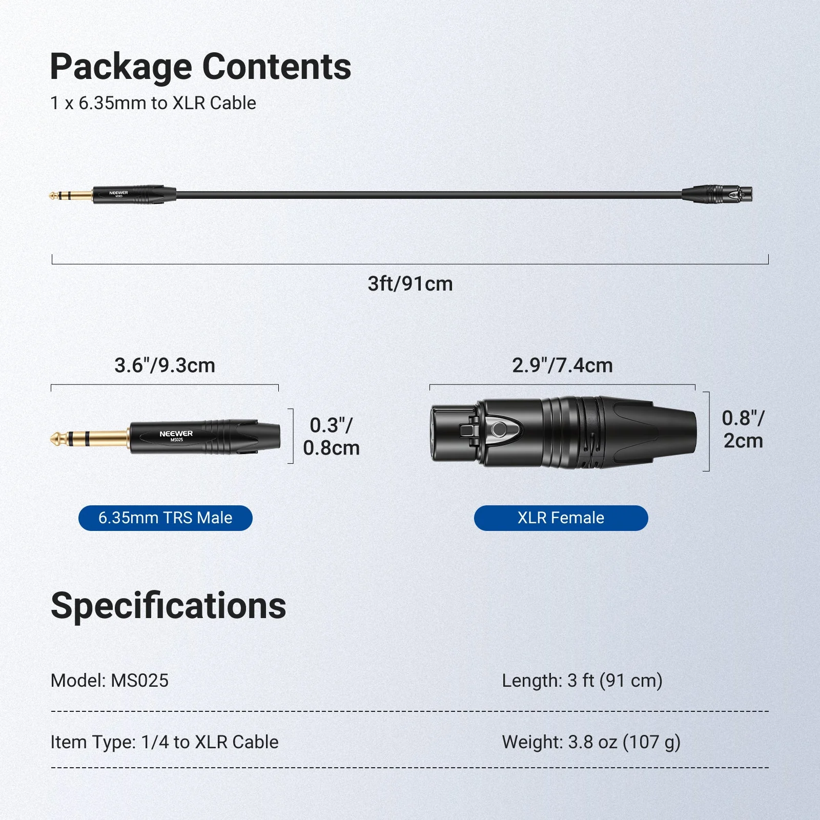 NEEWER MS025 6.35mm 1/4 Inch TRS to XLR Female Cable - Image 7