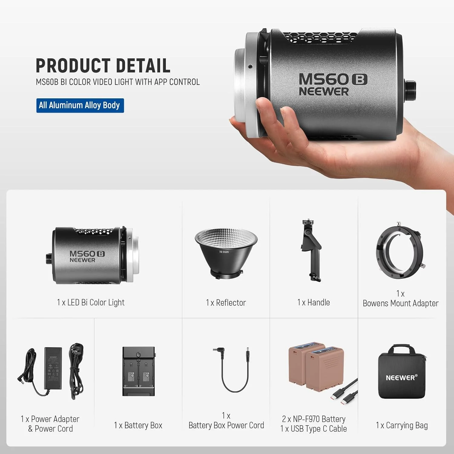 NEEWER MS60B 65W Bi-Color Portable LED Video Light Handheld Spotlight - Image 18