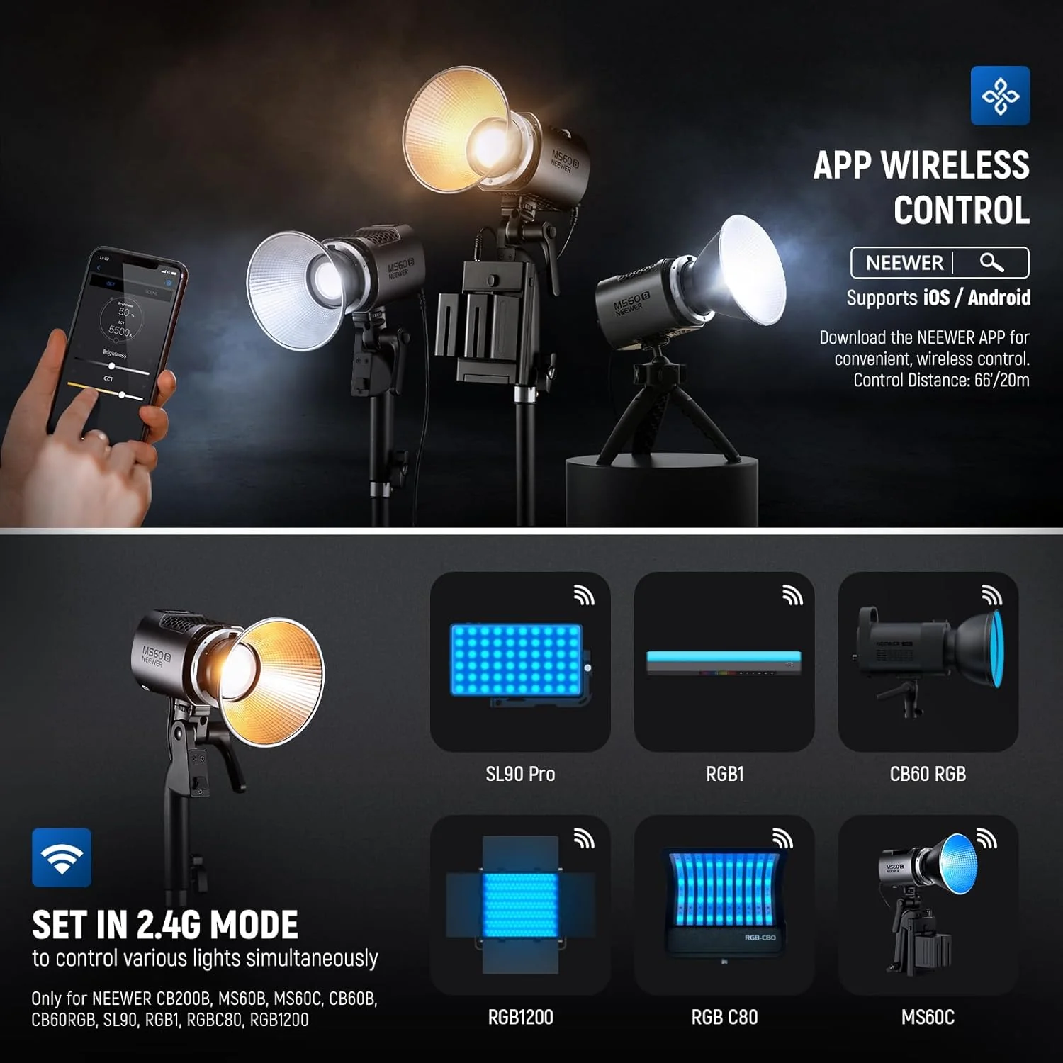 NEEWER MS60B 65W Bi-Color Portable LED Video Light Handheld Spotlight - Image 23