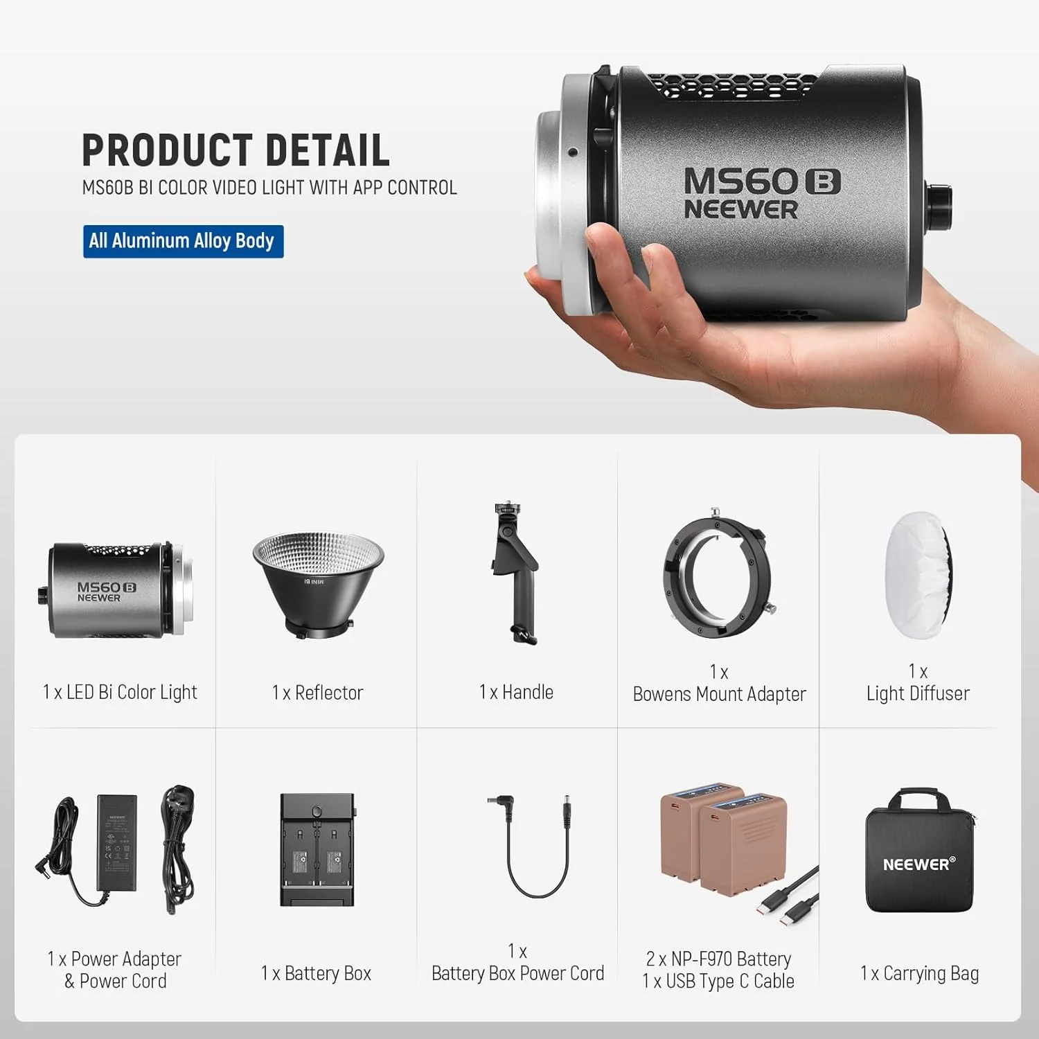 NEEWER MS60B 65W Bi-Color Portable LED Video Light Handheld Spotlight - Image 35