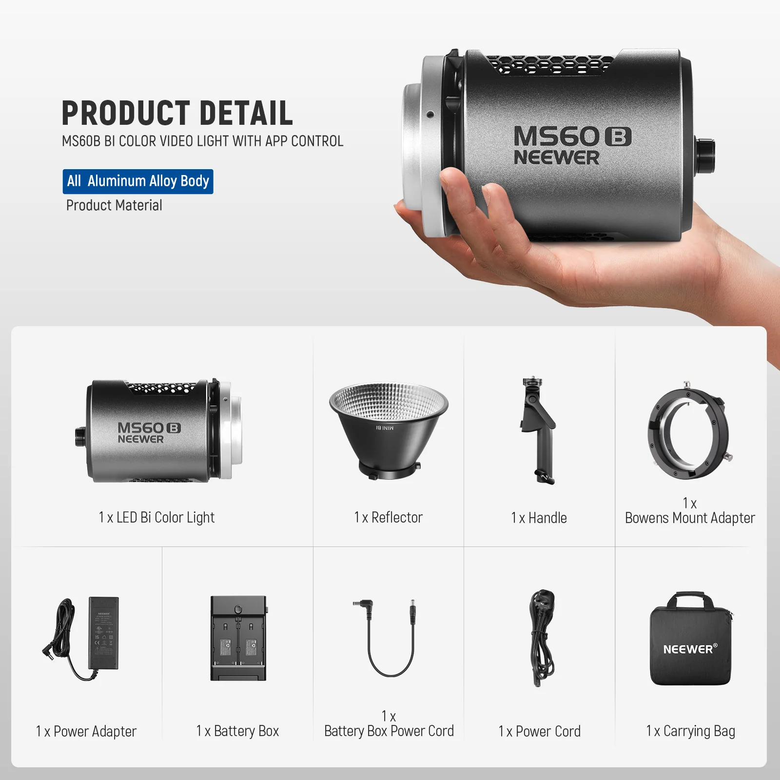 NEEWER MS60B 65W Bi-Color Portable LED Video Light Handheld Spotlight - Image 9