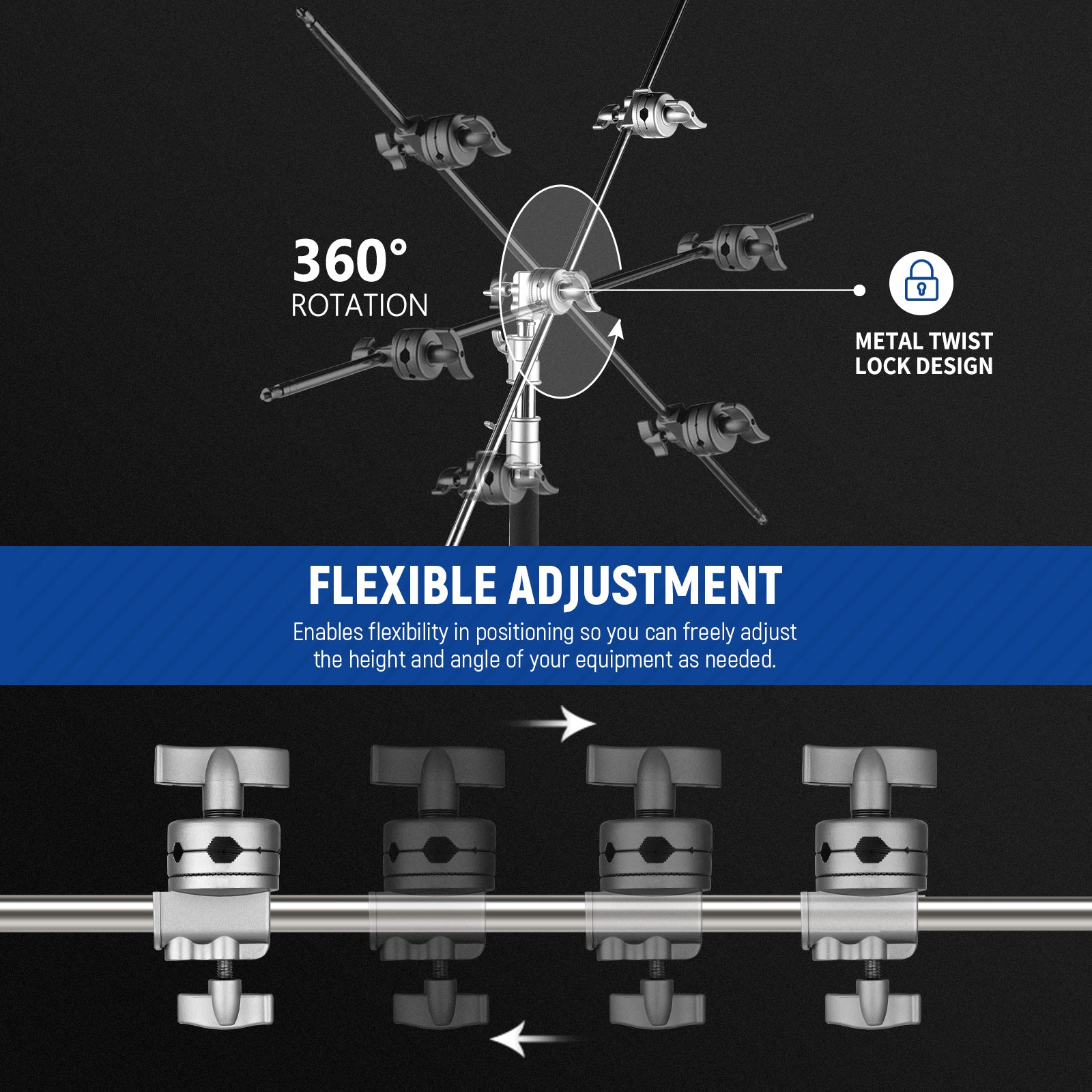 NEEWER 2.5" Grip Head Swivel Head Holder Mounting Adapter - Image 4