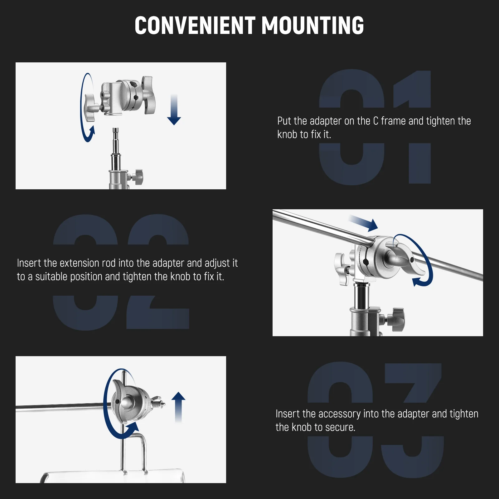 NEEWER 2.5" Grip Head Swivel Head Holder Mounting Adapter - Image 7