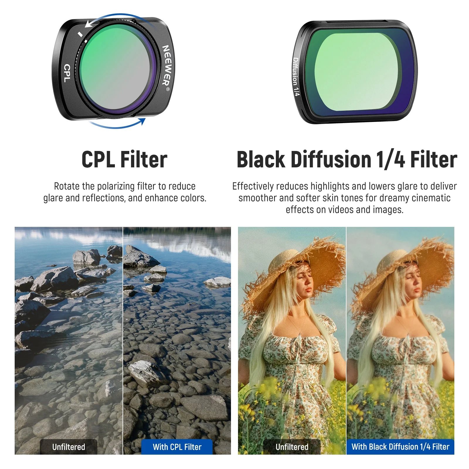 NEEWER FL-89 ND2-32 1/4 Black Diffusion&CPL Filters Set For DJI Osmo Pocket 3 - Image 4