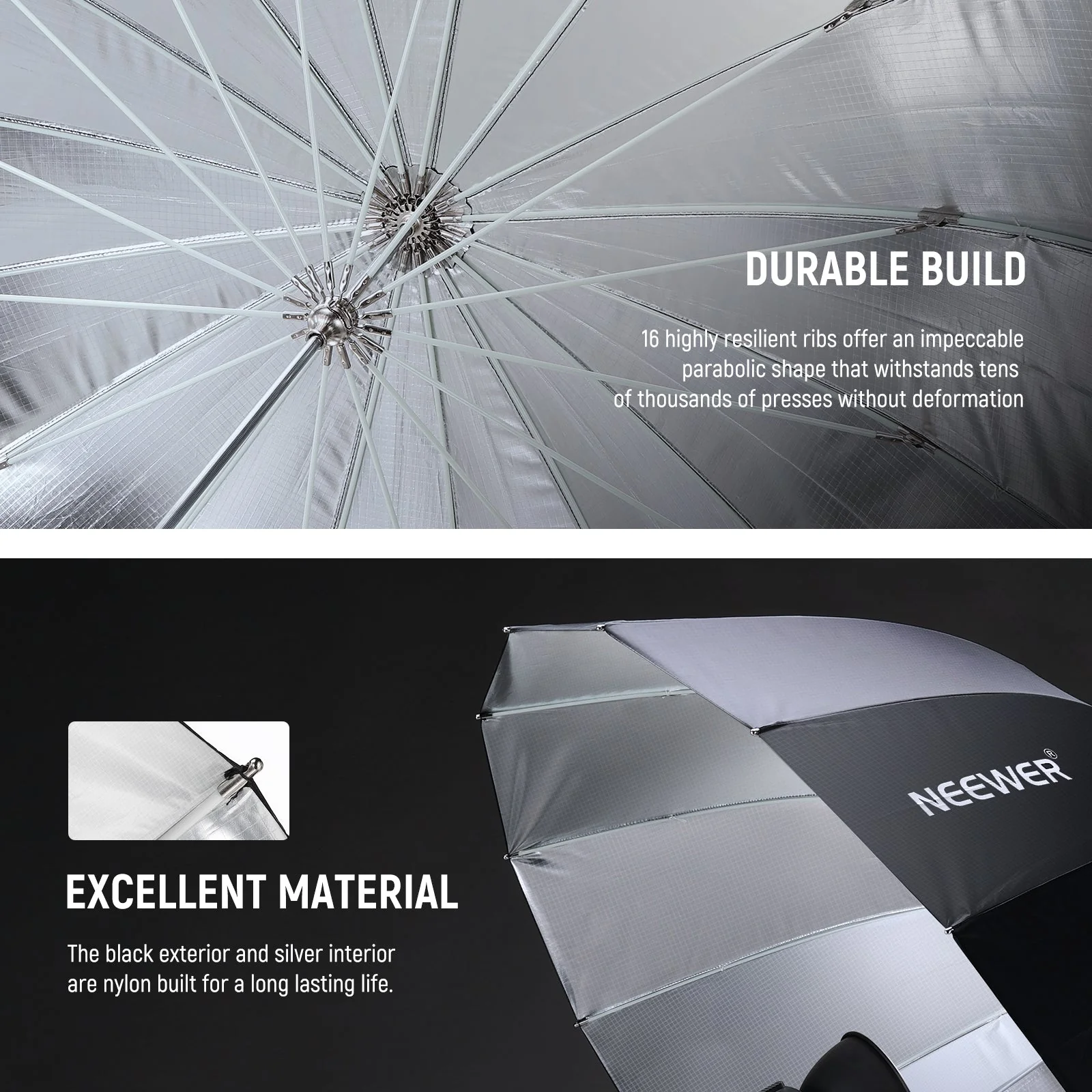 NEEWER Black/White/Silver Parabolic Reflective Umbrella with Diffuser - Image 15