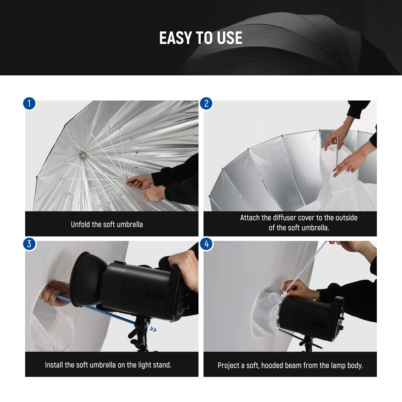 NEEWER Black/White/Silver Parabolic Reflective Umbrella with Diffuser - Image 16