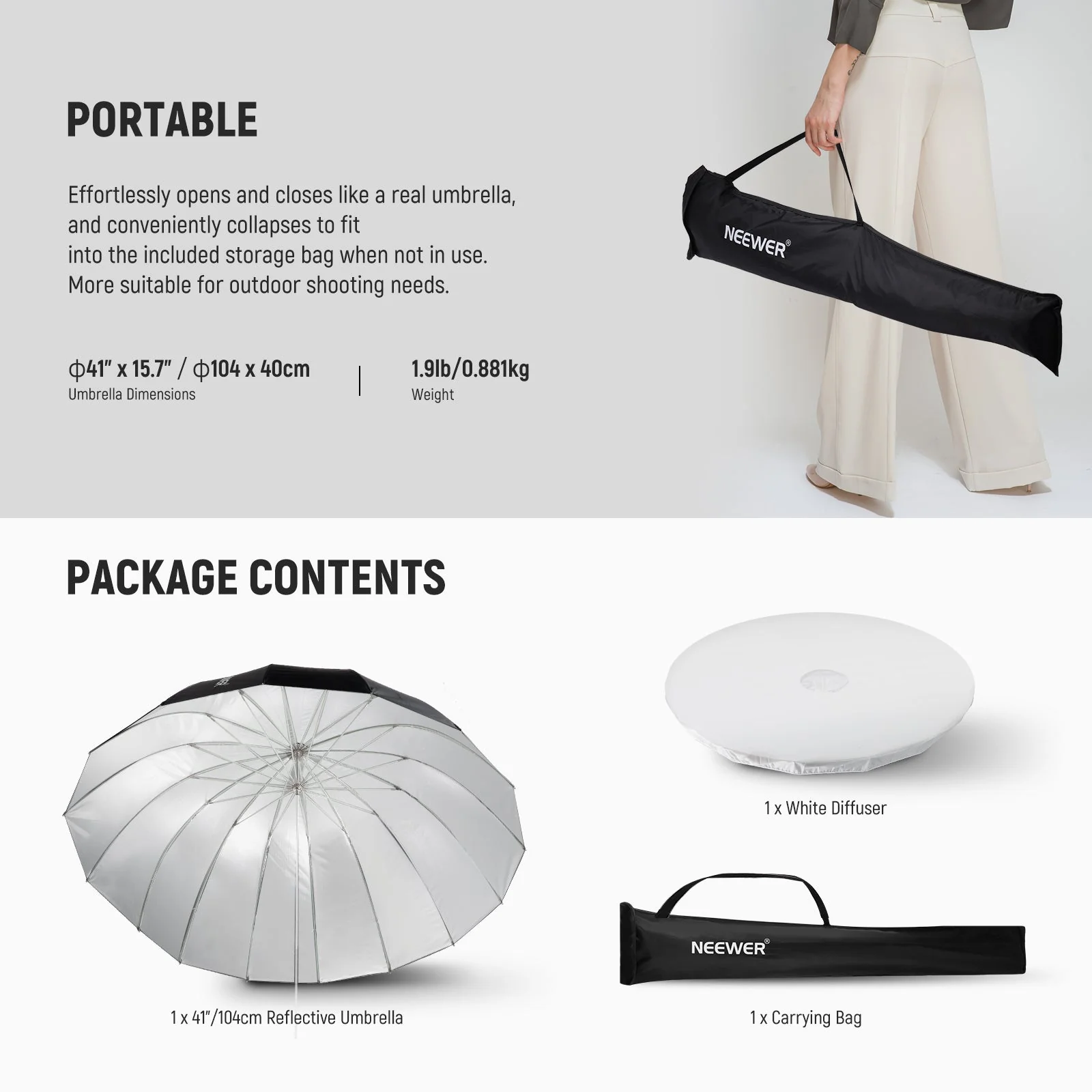 NEEWER Black/White/Silver Parabolic Reflective Umbrella with Diffuser - Image 18