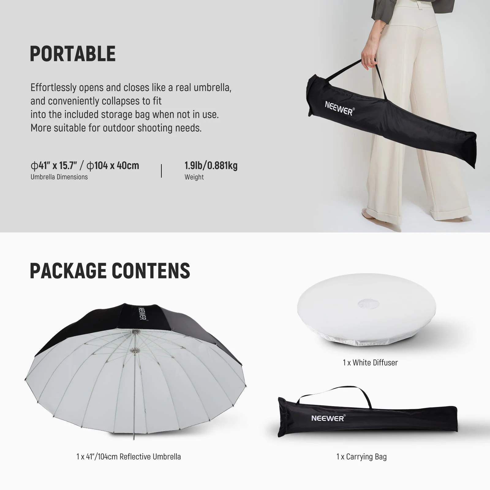 NEEWER Black/White/Silver Parabolic Reflective Umbrella with Diffuser - Image 9