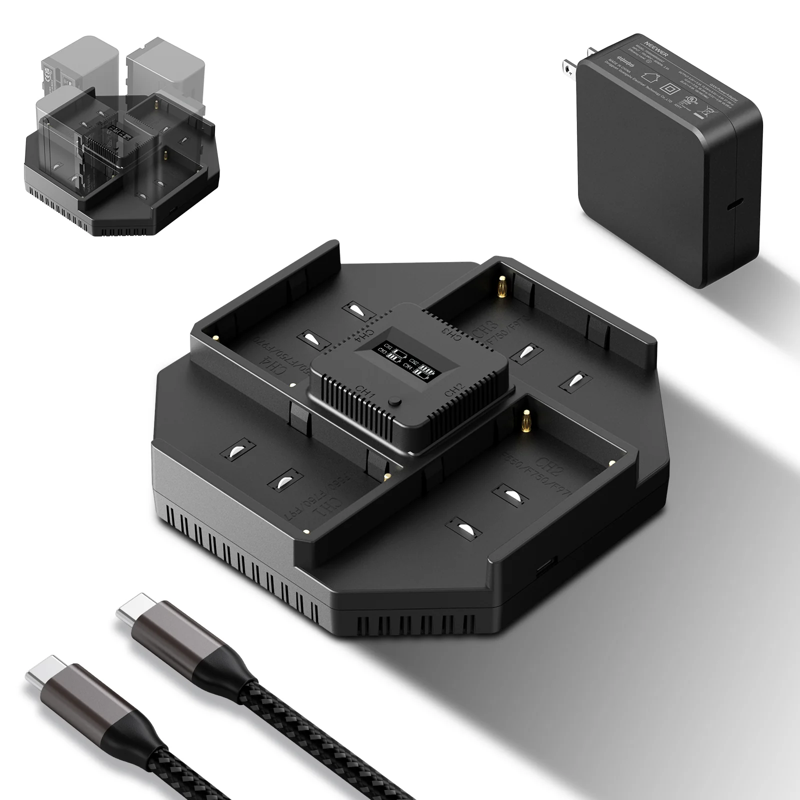 NEEWER NW-F4 100W 4 Channel Charger for NP-F550 NP-F750 NP-F970 Camera Battery - Image 10