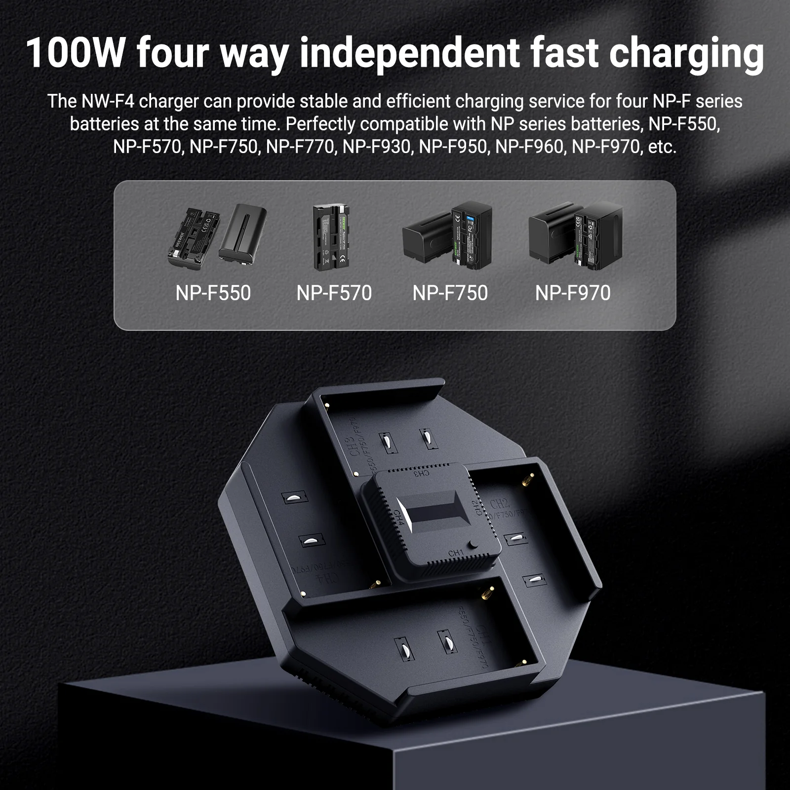 NEEWER NW-F4 100W 4 Channel Charger for NP-F550 NP-F750 NP-F970 Camera Battery - Image 13