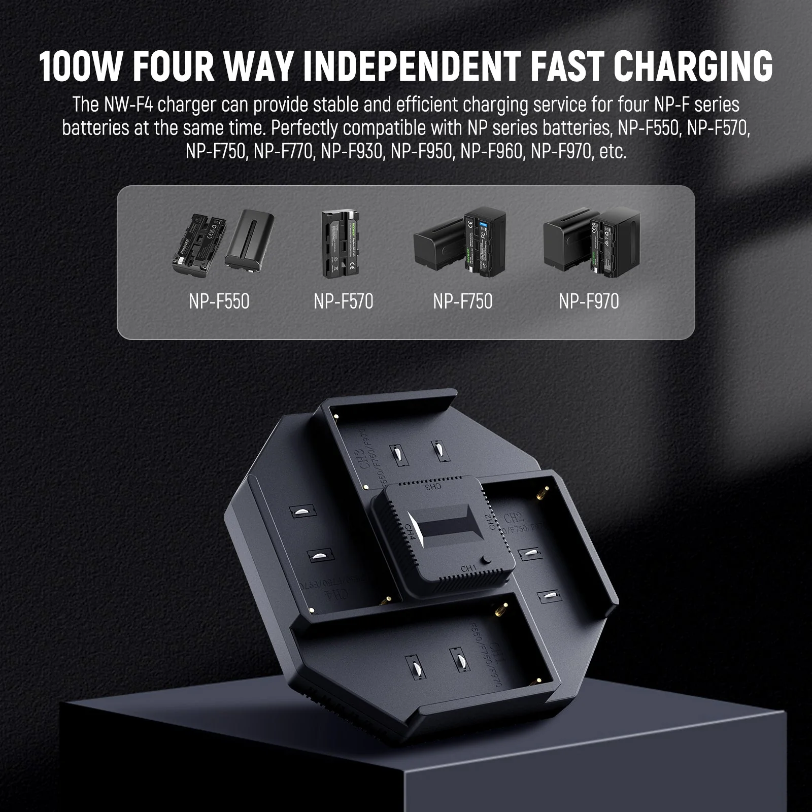 NEEWER NW-F4 100W 4 Channel Charger for NP-F550 NP-F750 NP-F970 Camera Battery - Image 4