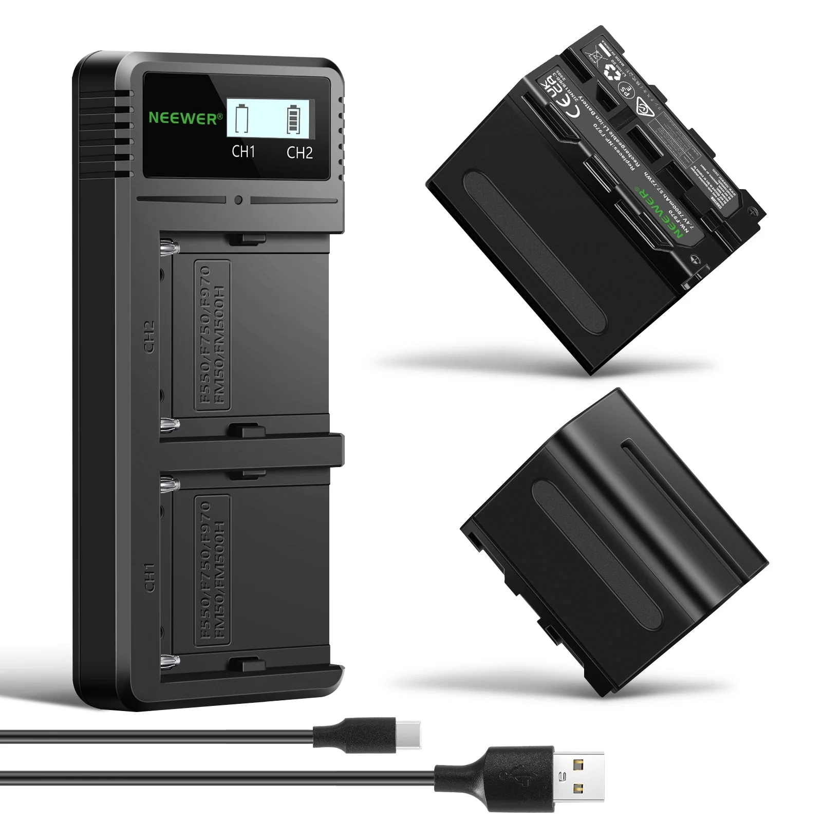 NEEWER 2Pcs 7800mAh NP-F970 Replacement Batteries and Charger Set