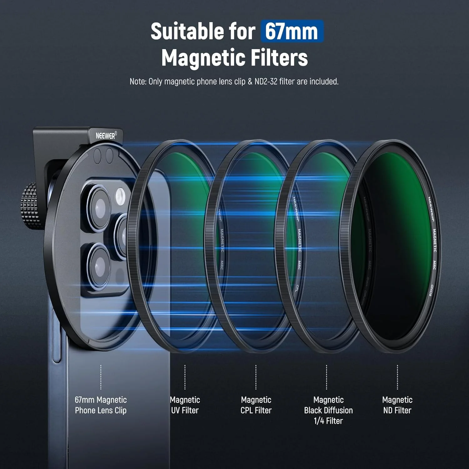NEEWER Clip On 67mm ND2-ND32 HD Variable Phone Lens Filter Kit - Image 15