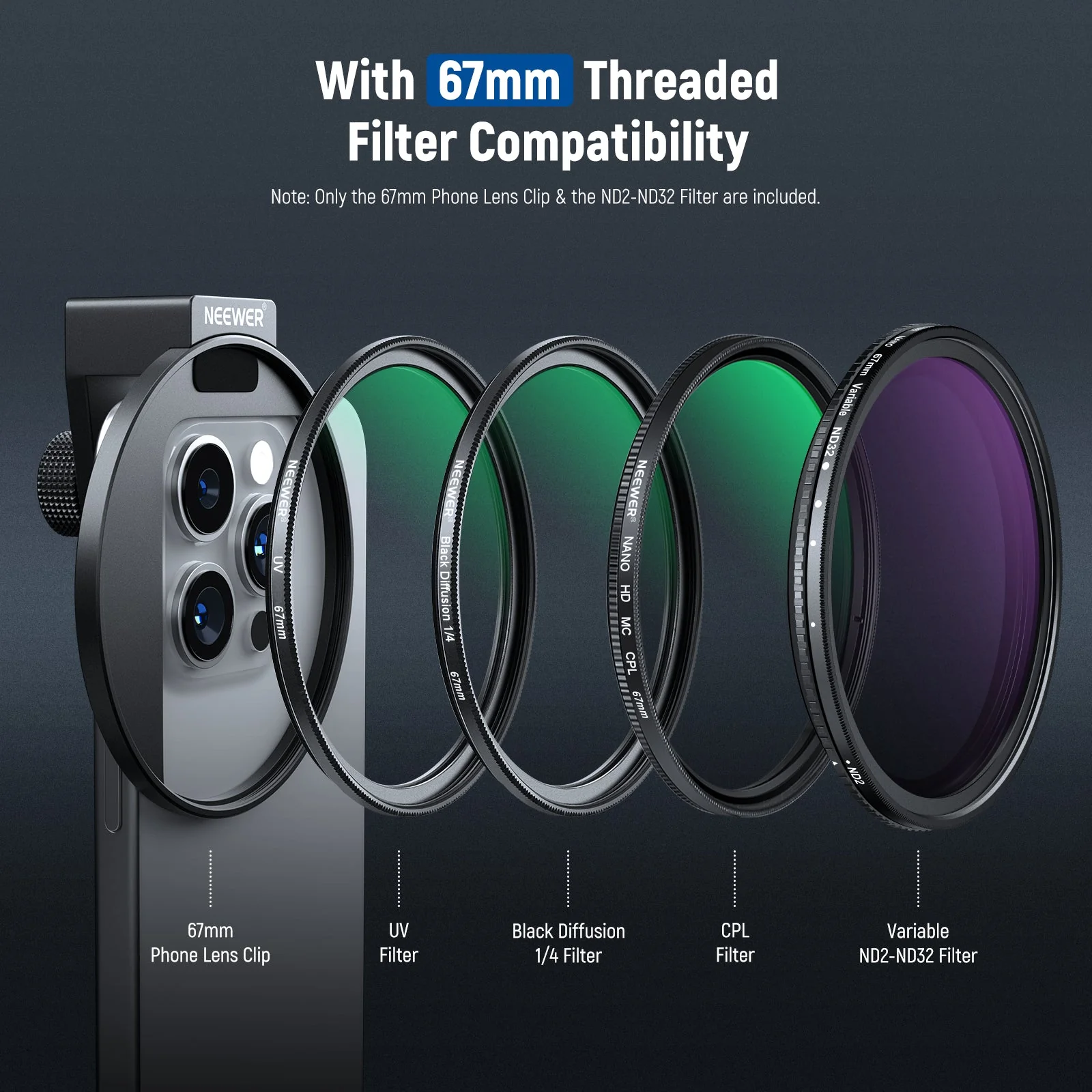 NEEWER Clip On 67mm ND2-ND32 HD Variable Phone Lens Filter Kit - Image 5