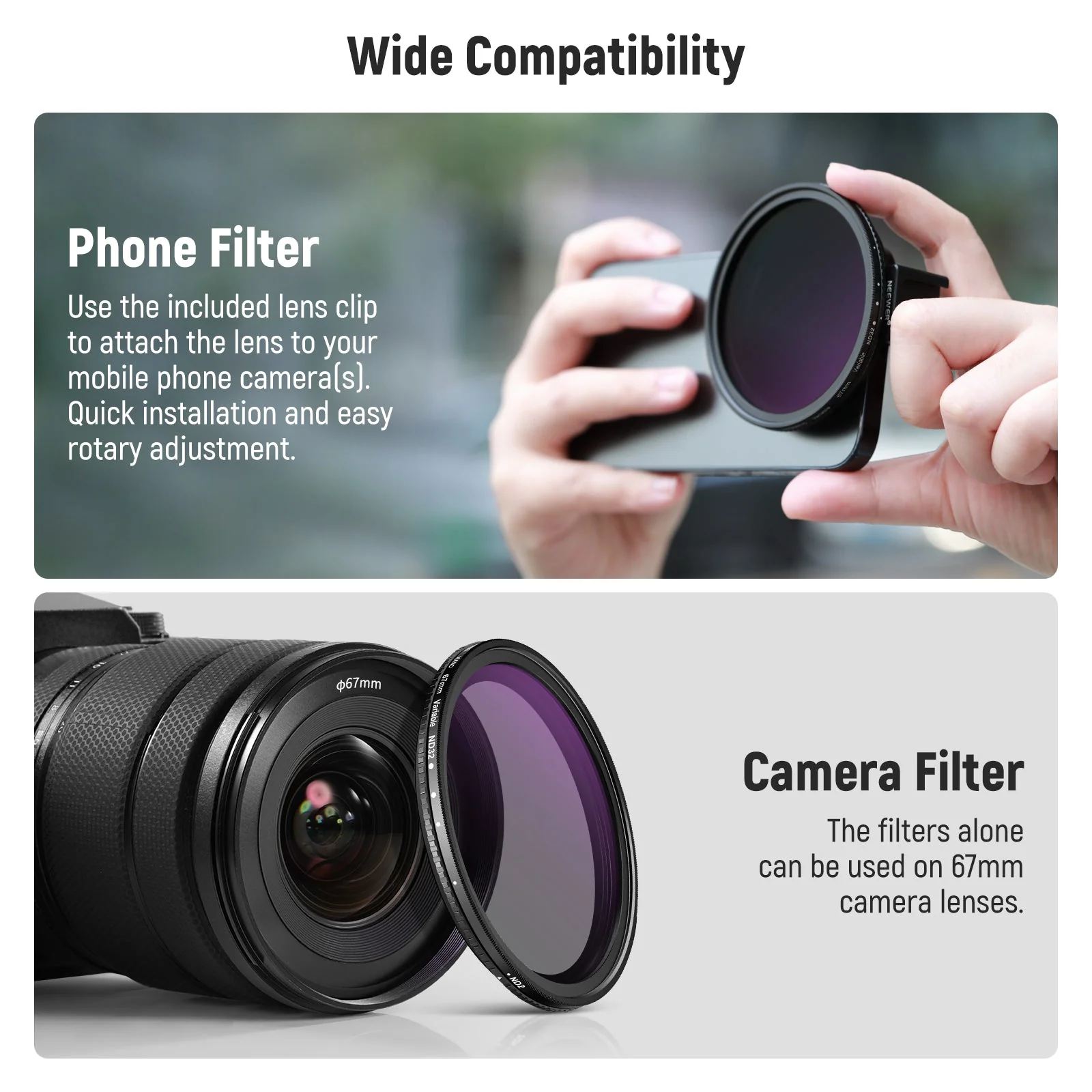 NEEWER Clip On 67mm ND2-ND32 HD Variable Phone Lens Filter Kit - Image 6