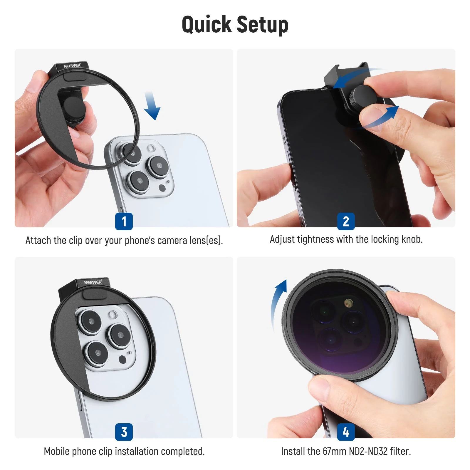 NEEWER Clip On 67mm ND2-ND32 HD Variable Phone Lens Filter Kit - Image 7