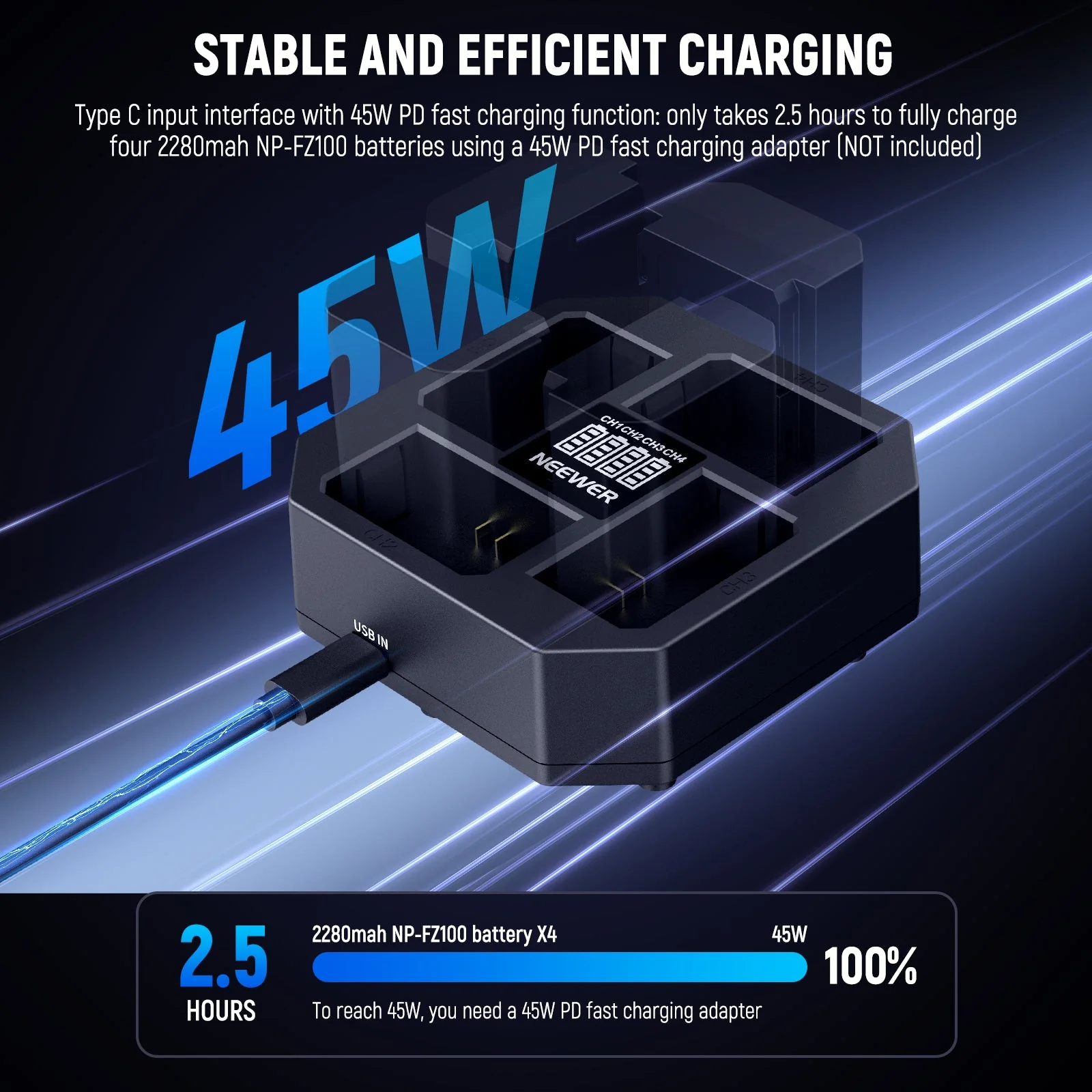 NEEWER NW-Z4 4-Channel Charger 45W PD Fast Charging for NP-FZ100 Battery - Image 2