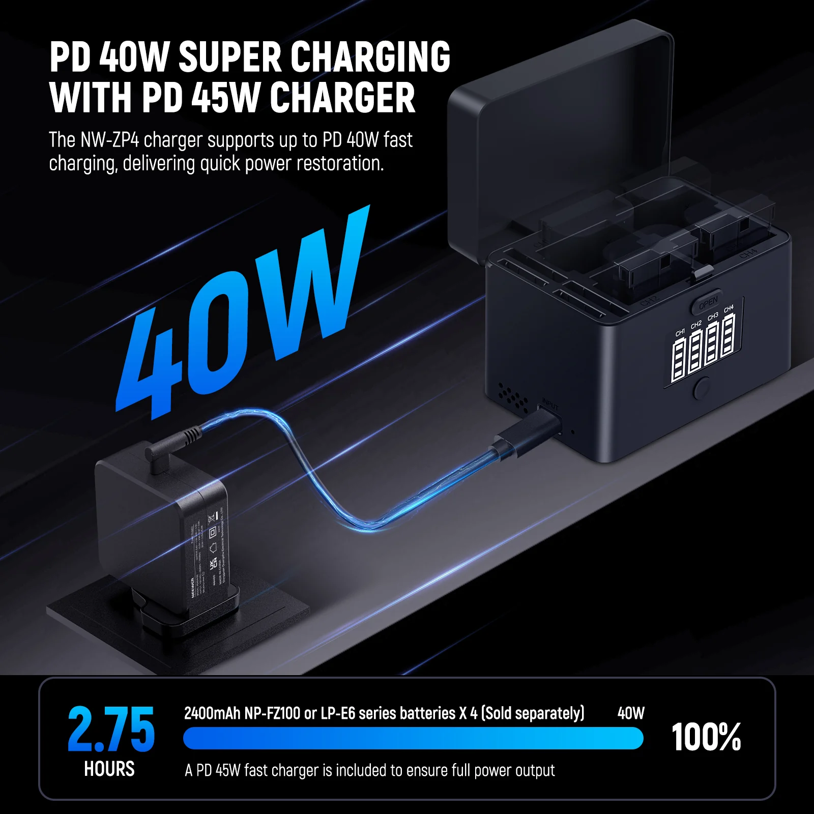 NEEWER NW-ZP4 2 in 1 Four Channel USB Battery Charger for NP-FZ100 & LP-E6 - Image 11