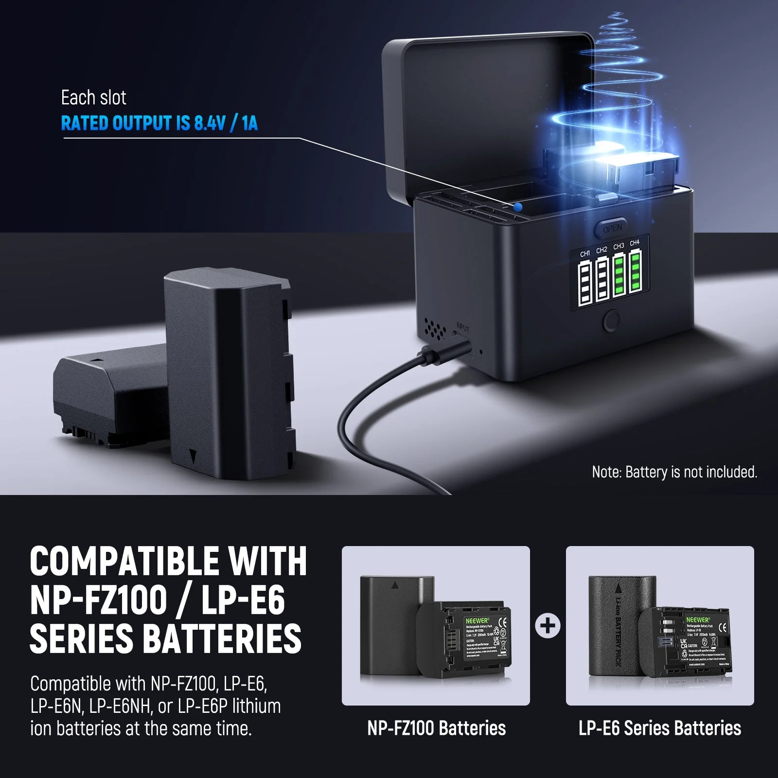 NEEWER NW-ZP4 2 in 1 Four Channel USB Battery Charger for NP-FZ100 & LP-E6 - Image 3