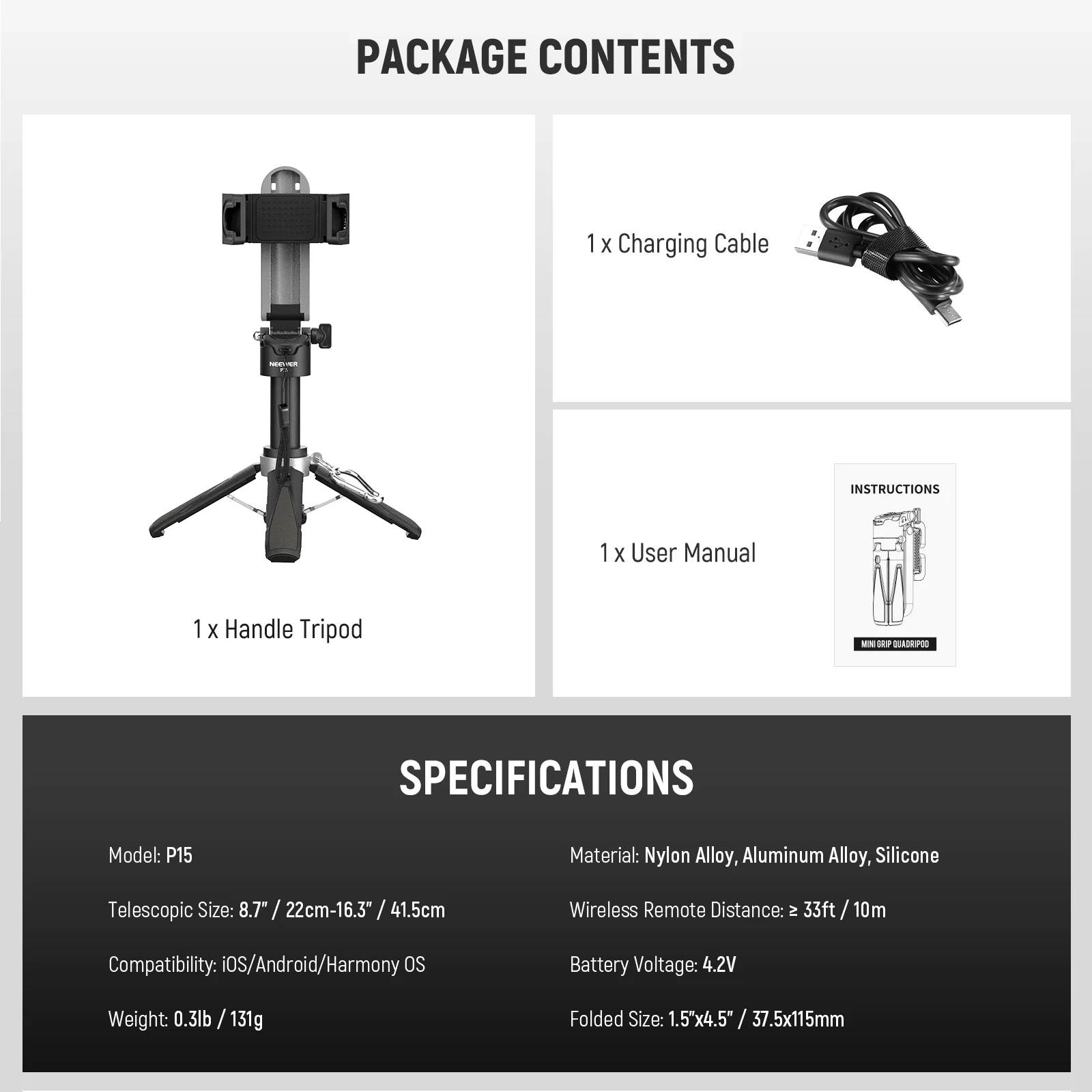 NEEWER P15 Foldable Selfie Stick Phone Tripod with Bluetooth Remote - Image 16