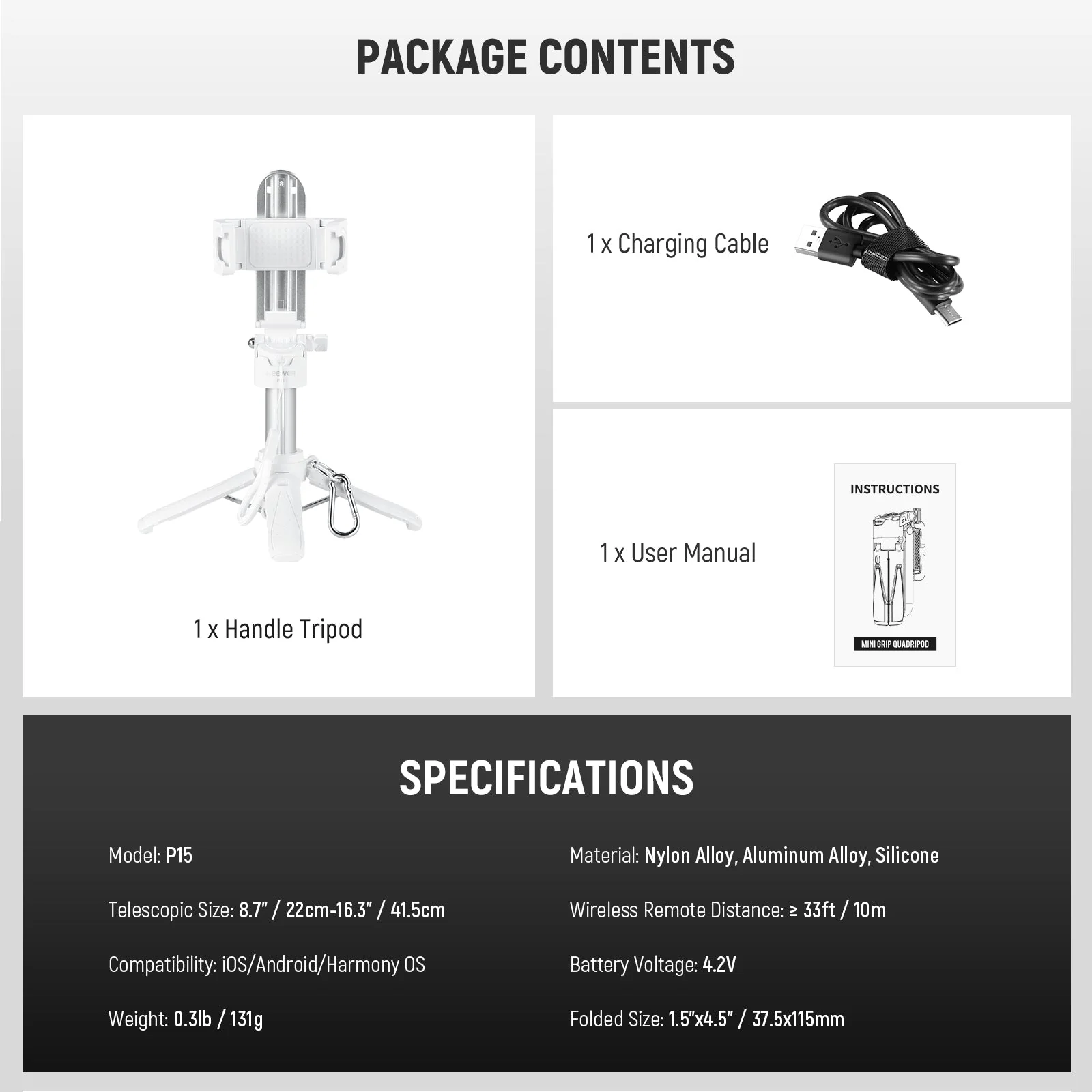 NEEWER P15 Foldable Selfie Stick Phone Tripod with Bluetooth Remote - Image 8