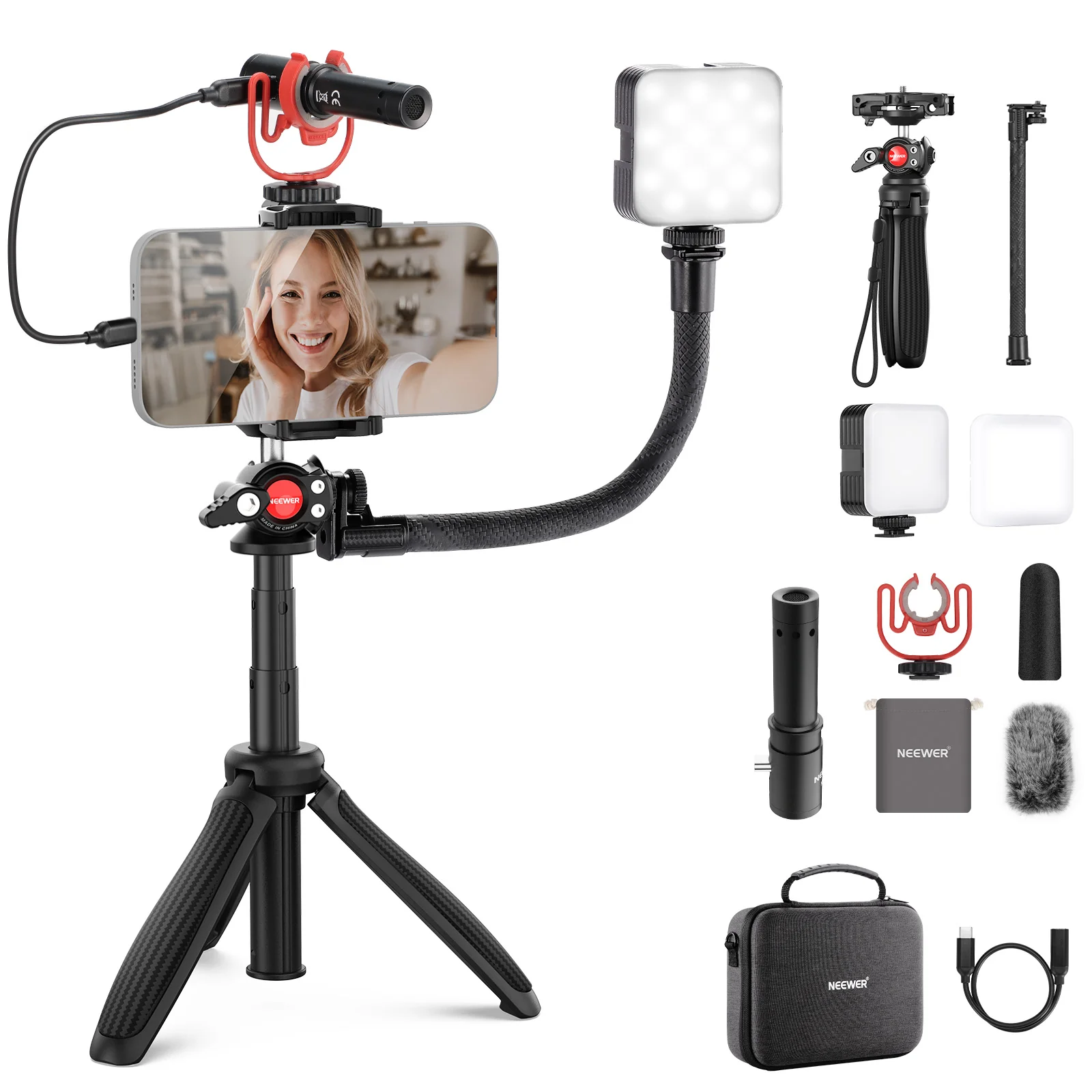NEEWER PA045 Phone Vlogging Kit with Bi-Color Light/Mic/Selfie Stick