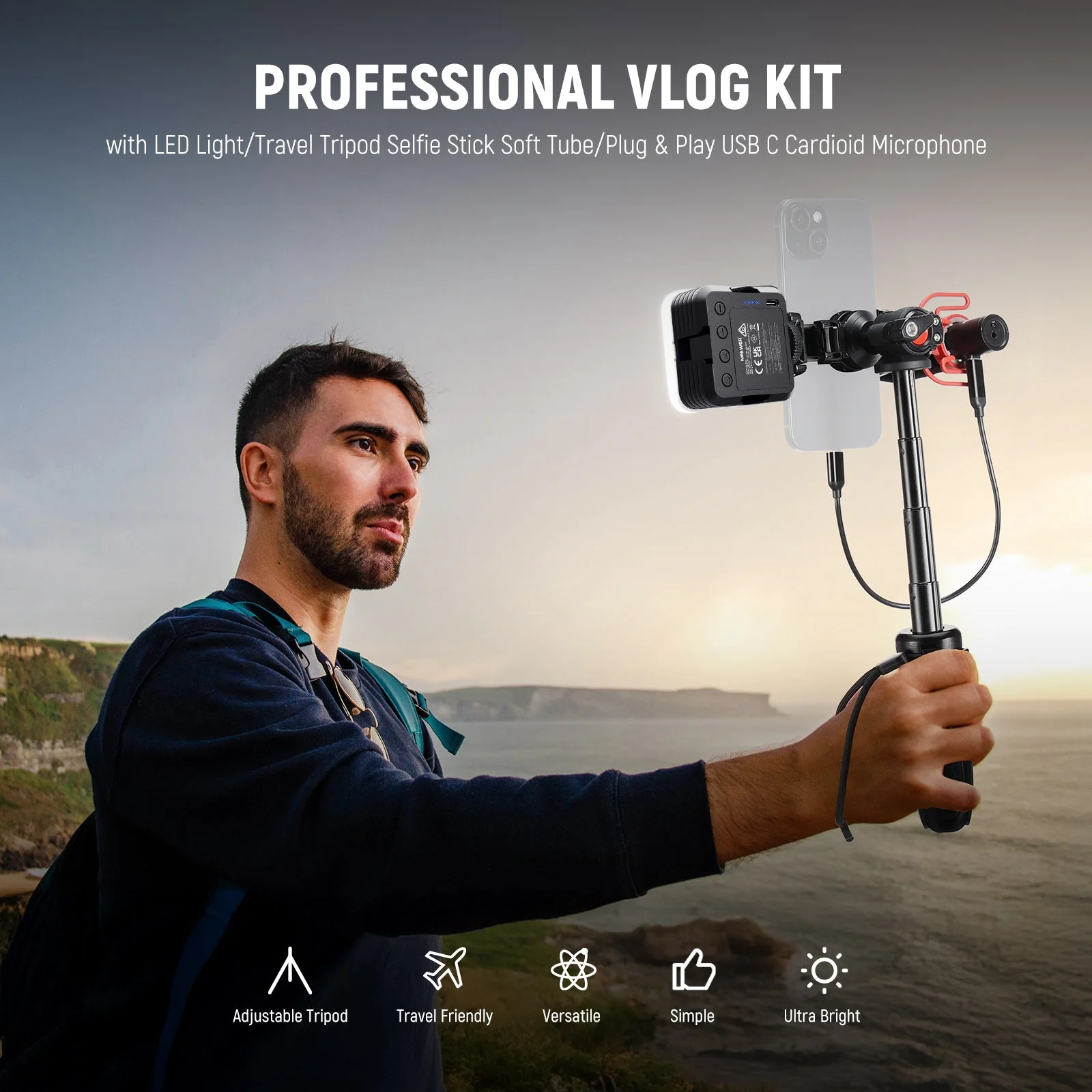 NEEWER PA045 Phone Vlogging Kit with Bi-Color Light/Mic/Selfie Stick - Image 2