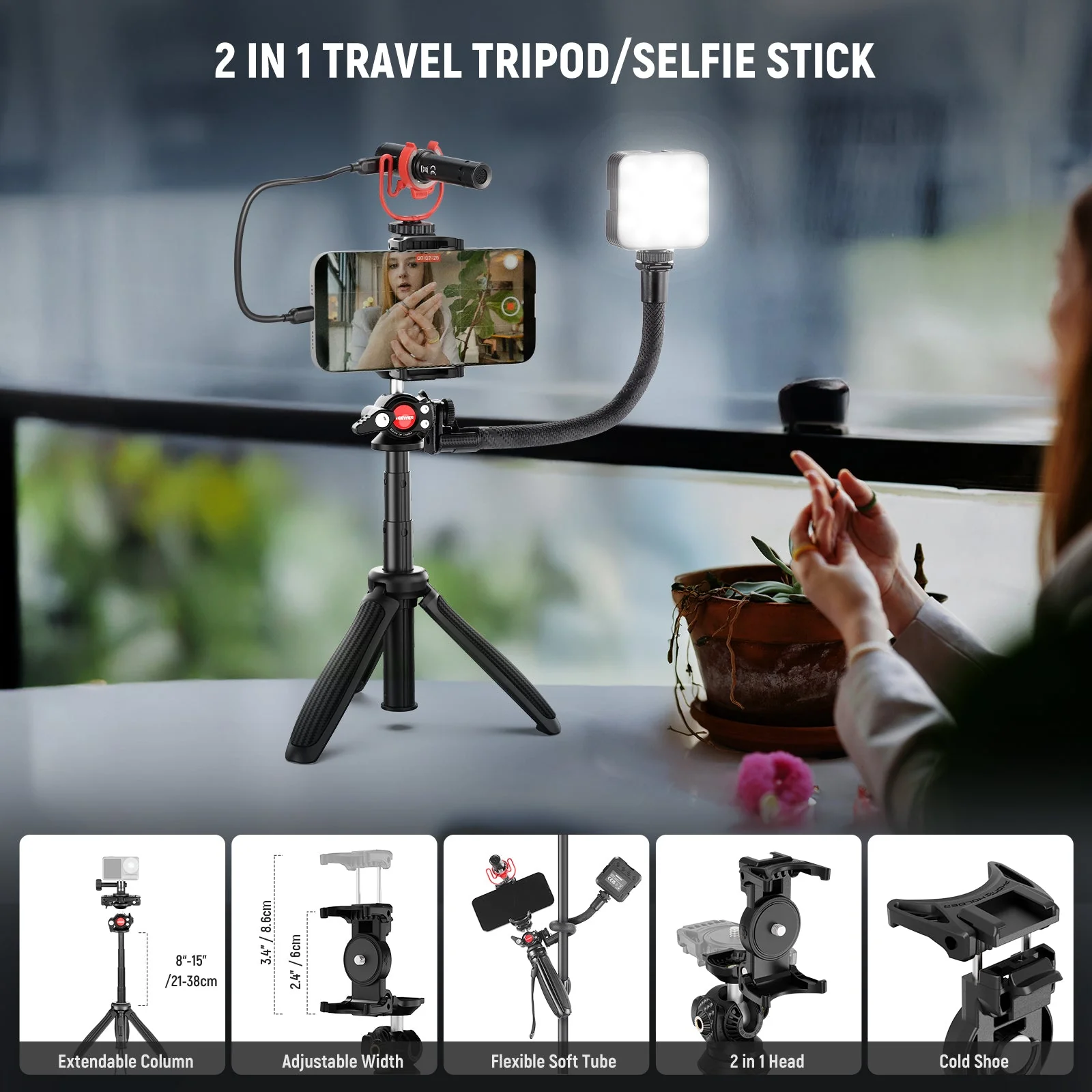 NEEWER PA045 Phone Vlogging Kit with Bi-Color Light/Mic/Selfie Stick - Image 3