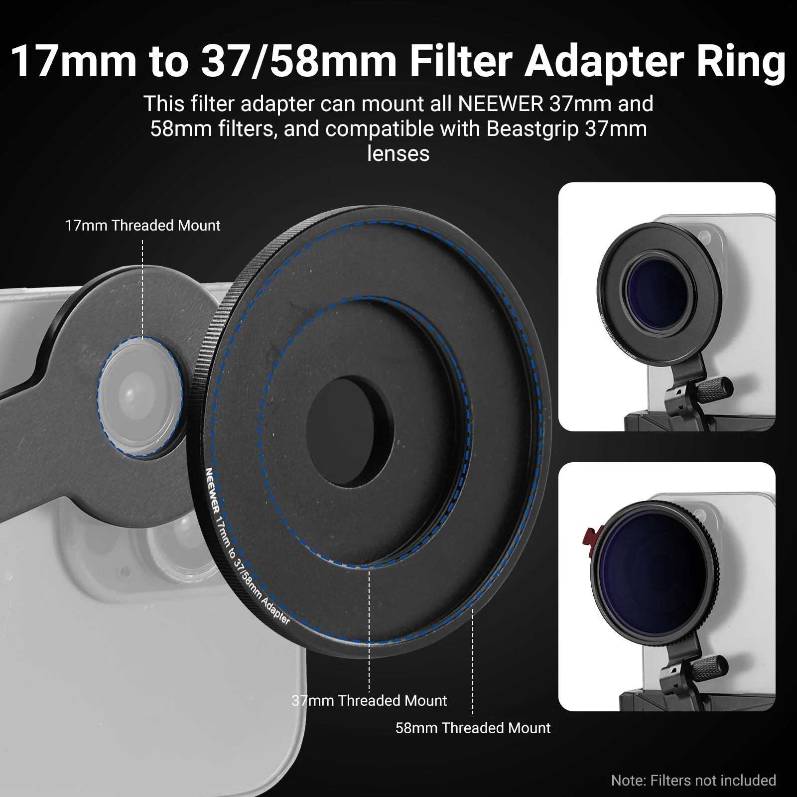 NEEWER PA047 PRO Universal Phone Holder with Lens Adapter & Filter Ring - Image 6